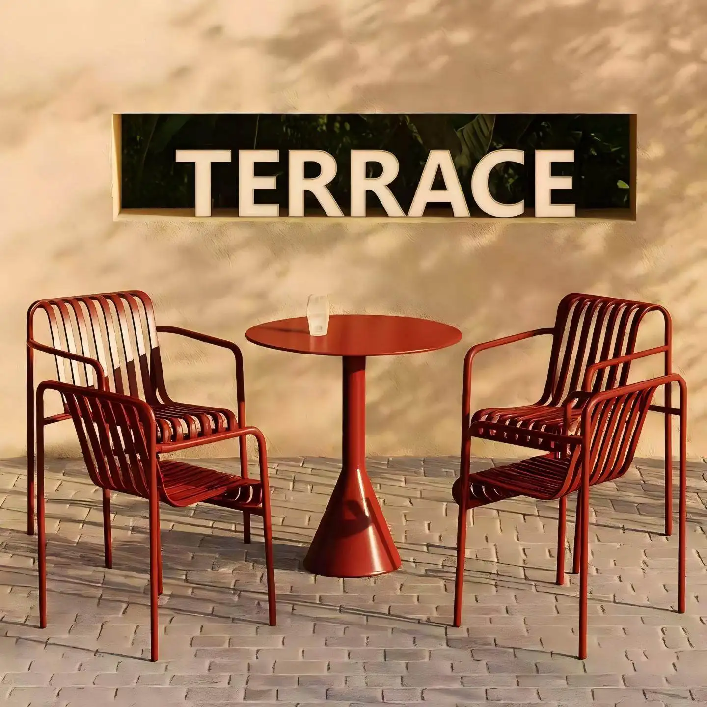 Gartenmöbel-Set: Internet-Trendsetter Dunkelrote Kaffee-Ecke mit Schmiedeeisen-Rundtisch und fünf Stühlen Image