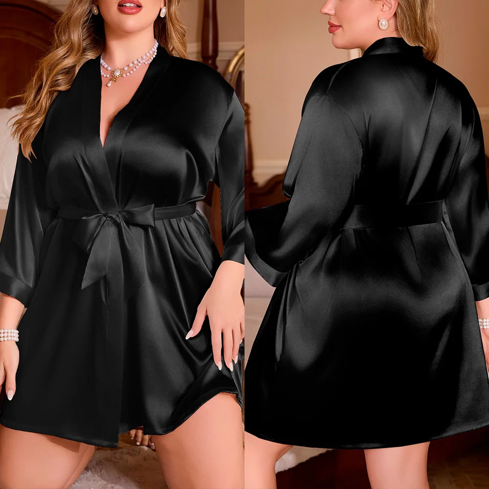 5Xl Nachtwäsche Robe Einfarbig Frauen Negligé Kimono Bademantel Sommer Mode Damen Satin Nachthemd Lose Loungewear Image