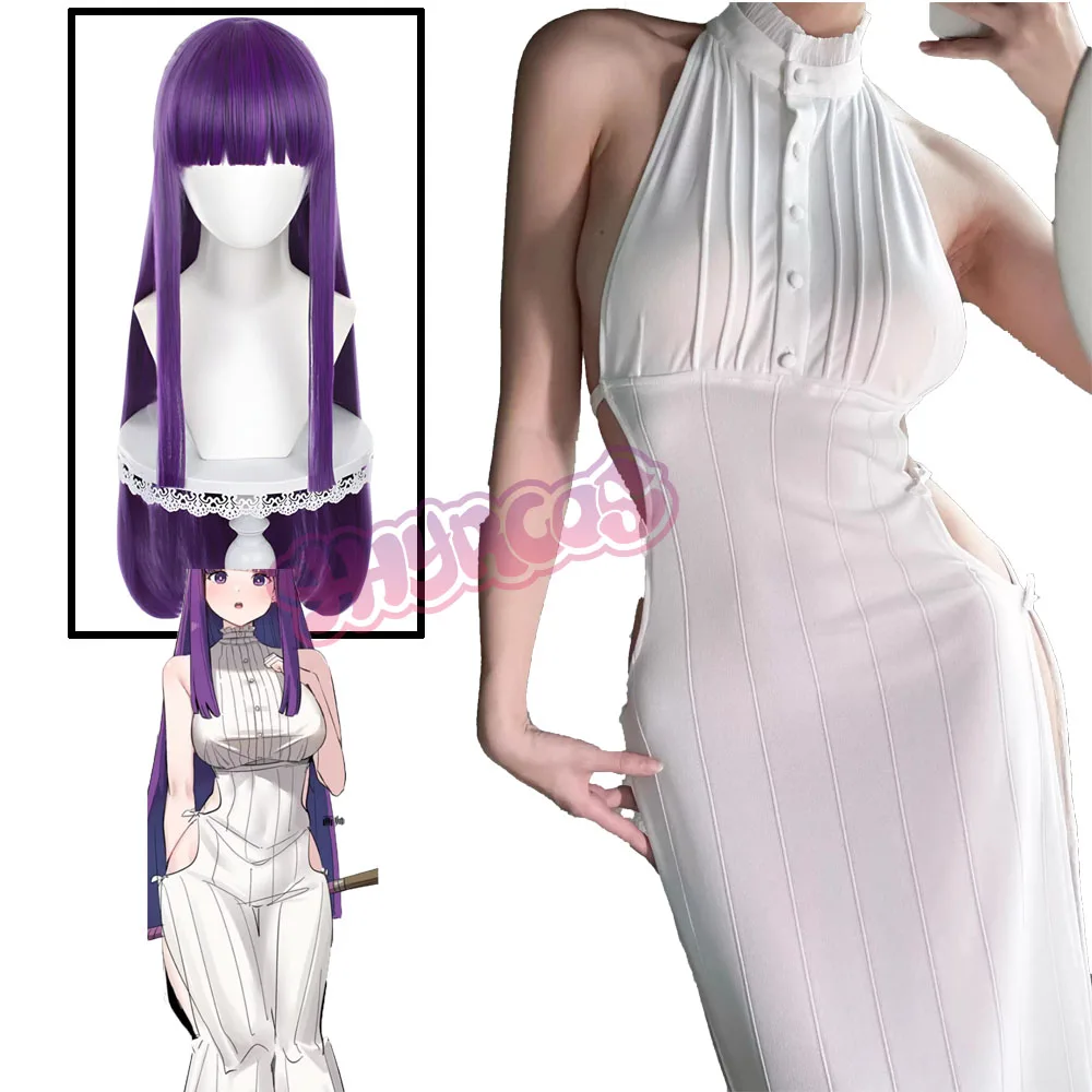 Frieren At The Funeral Doujin Fern Cosplay Kostüm Perücke Fern Sexy weißes elastisches Strickkleid Frau Halloween Rollenspielkostüme