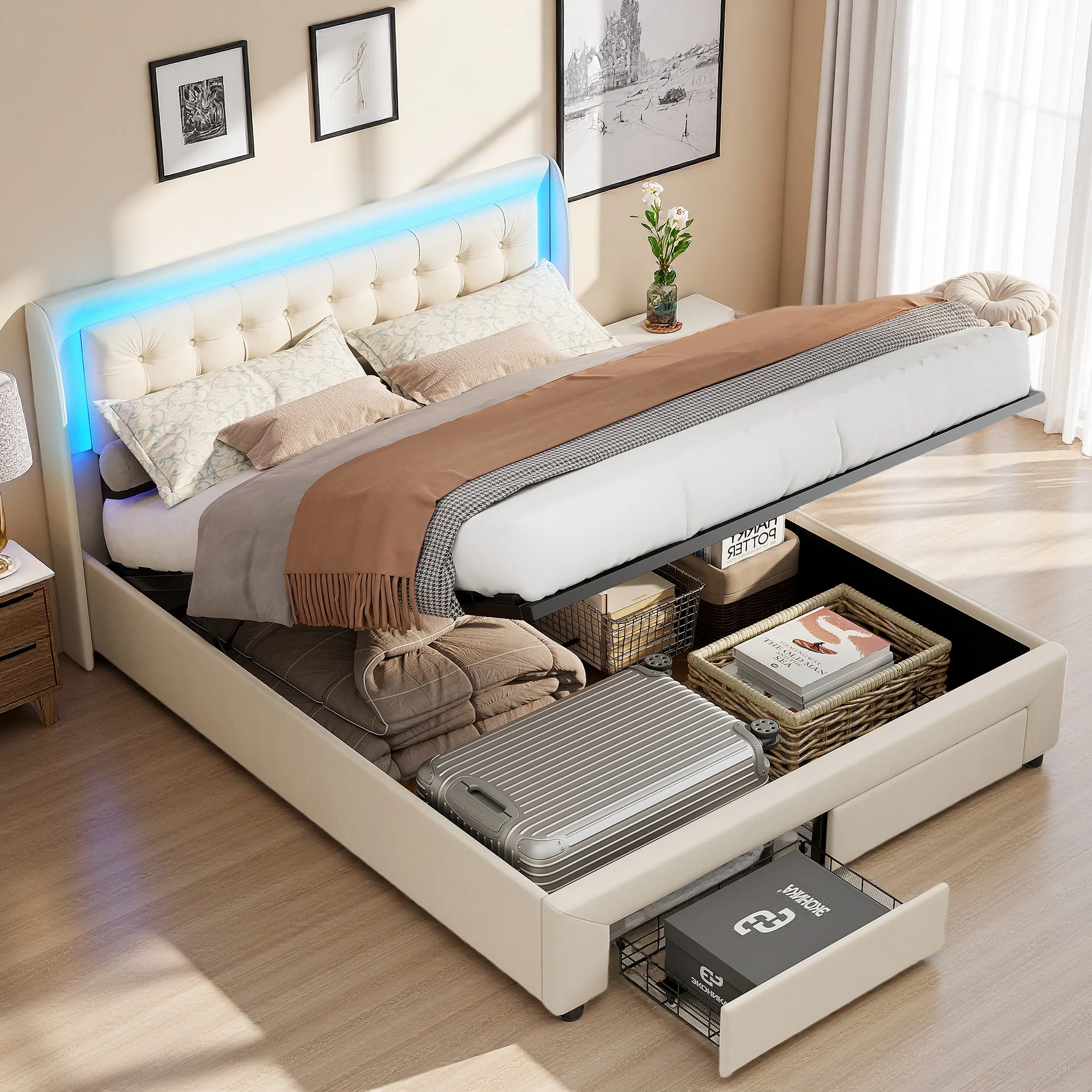 Superaly Gepolstertes Bett, Doppelbett mit 2 Schubladen, Hydraulisches Bett mit Stauraum unter dem Bett und LED-Beleuchtung, Beige Image