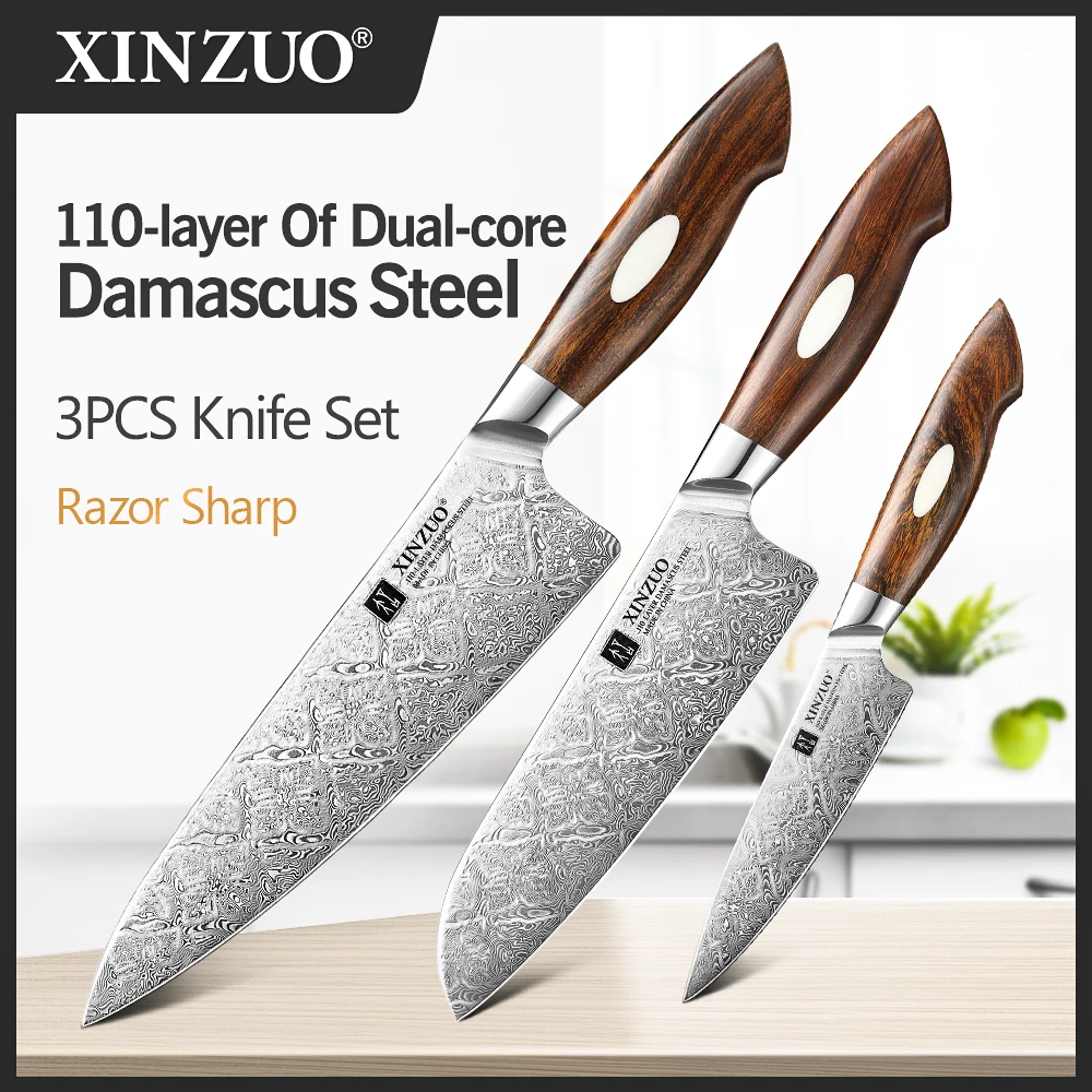 XINZUO Dreiteiliges Küchenmesser-Set aus 110-lagigem Dual-Core-Damaszener-Stahl, 58-62 HRC, Kochmesser, Santoku-Messer, Allzweckmesser, Besteck-Set Image
