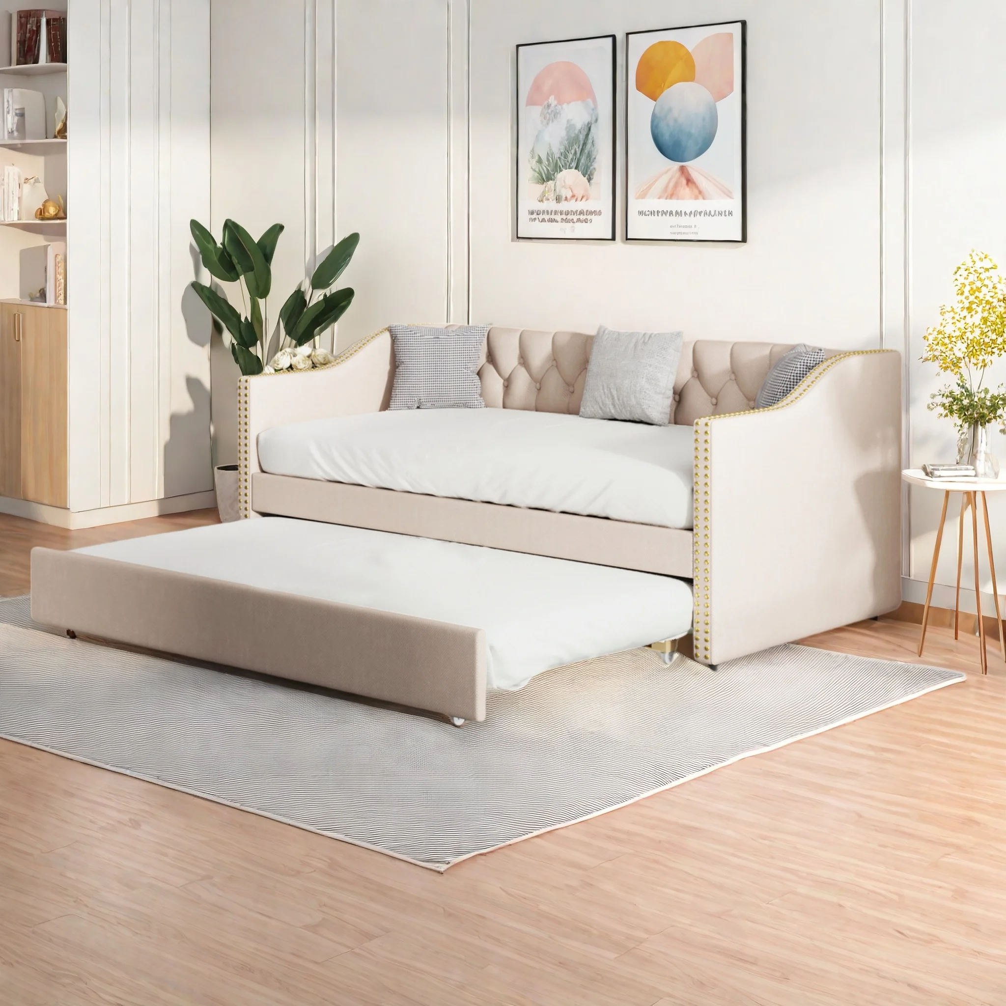 Schlafsofa 90x200 cm, mit Lattenrost, ausziehbar, Jugendbett, Kinderbett, Gästebett, Sofa, Bettwäsche, beige, ohne Matratze Image