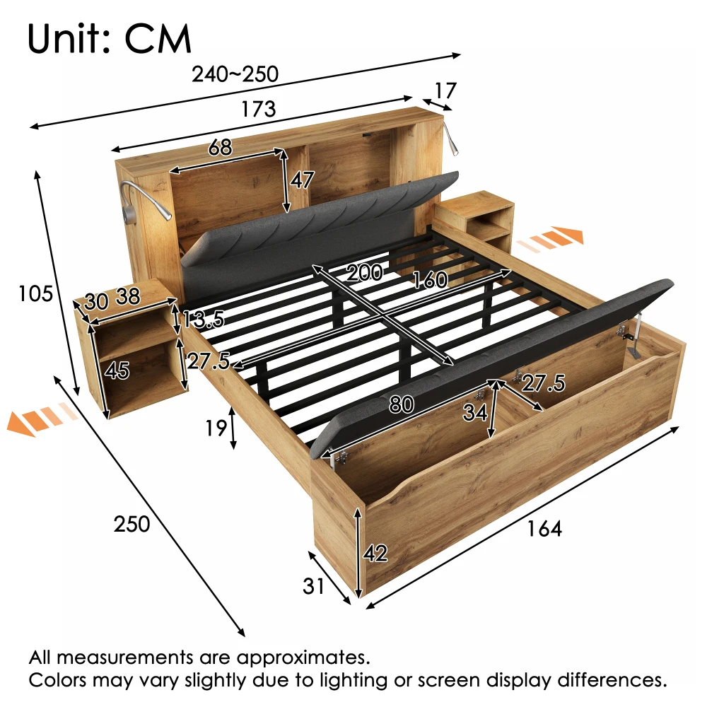 180x200cm Doppelbett aus Holz mit klappbarem Kopfteil, Leinen-Aufbewahrung, zwei Nachttischen, Leselampen mit USB und Schiefergitter Image