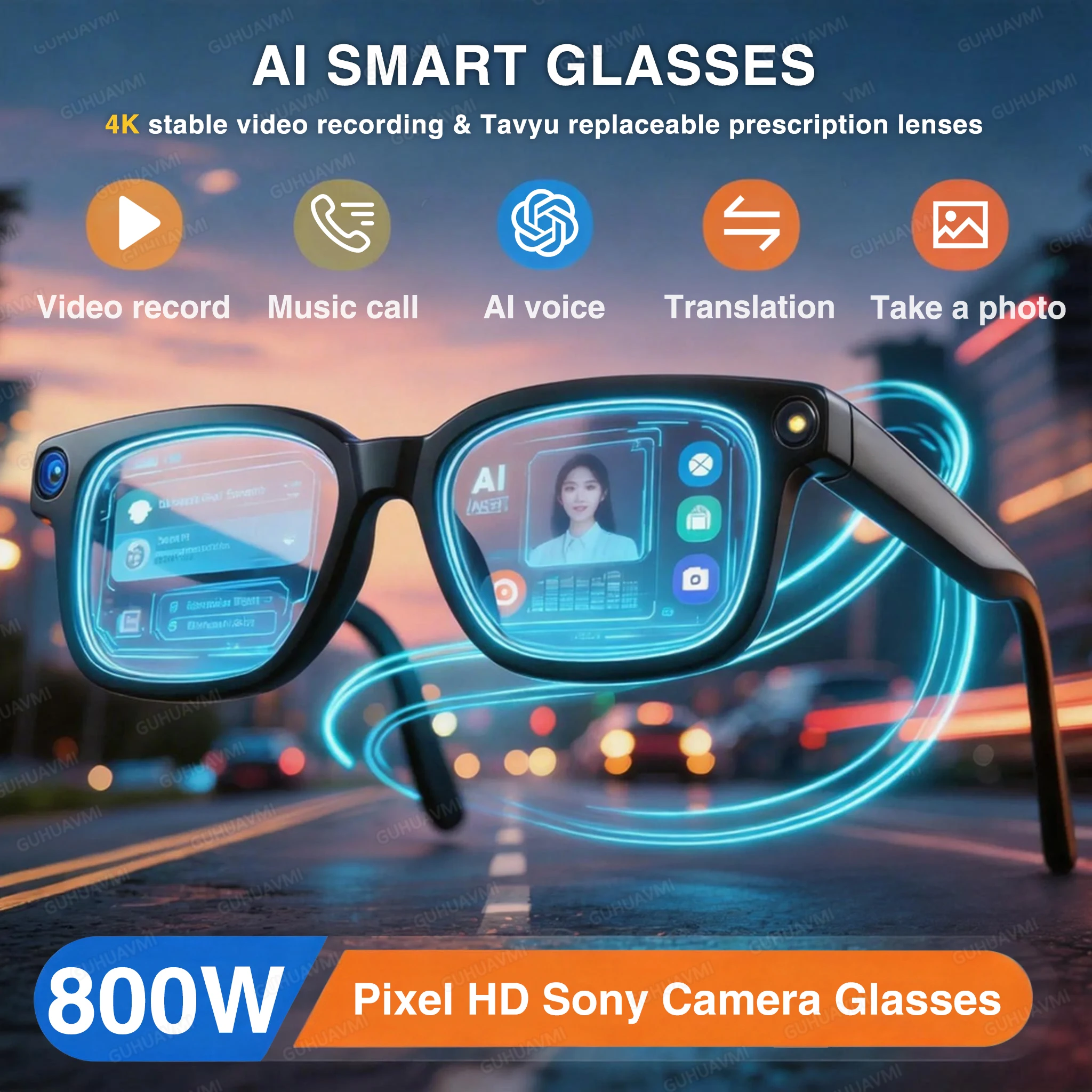 Neue 800W HD-Kamera KI-Smart-Brille für Herren, Übersetzungsbrille für über 100 Sprachen, 1080P Videoaufnahme, Musikplayer, Anruf-Sonnenbrille für Damen Image