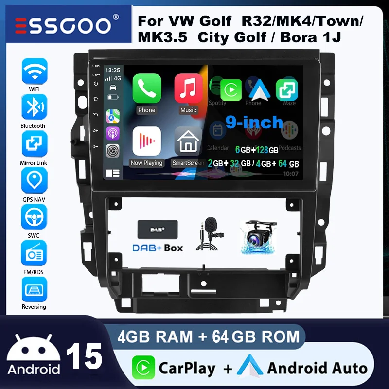 Autoradio ESSGOO Android 15 9 Zoll 4+64G mit Wireless CarPlay für VW Golf R32 MK4 Town City Golf Kanada 2007-2010 GPS Navigation RDS FM Bluetooth WiFi Android Auto Lenkradsteuerung Mirror Link 6+128G Image