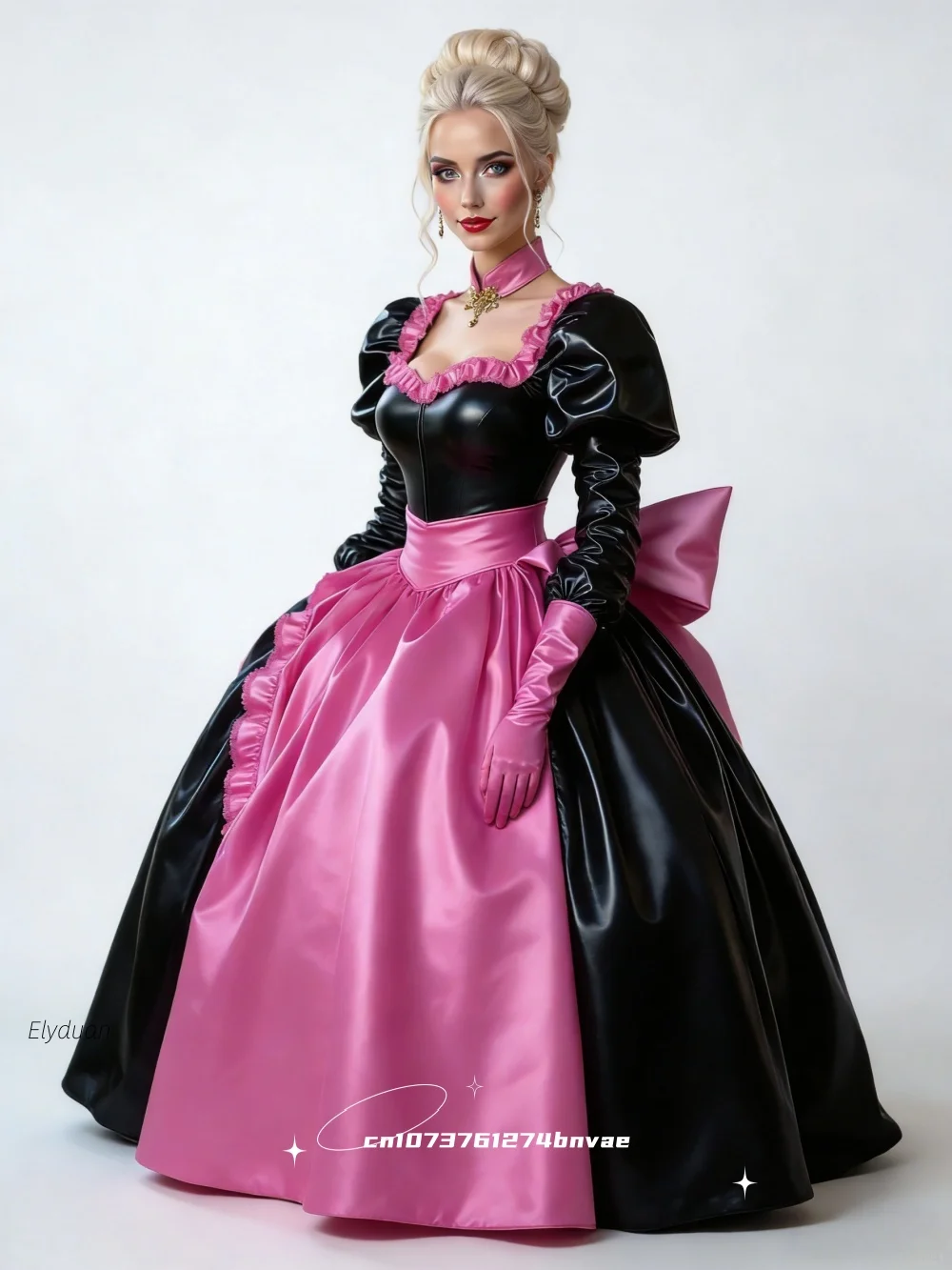 Glänzendes schwarzes PVC-Dienstmädchen-Abendkleid mit Schleife, rosa-goldene Schürze, Puffärmel, langes Ballkleid, Cosplay-Partykleid, individuell anpassbar Image