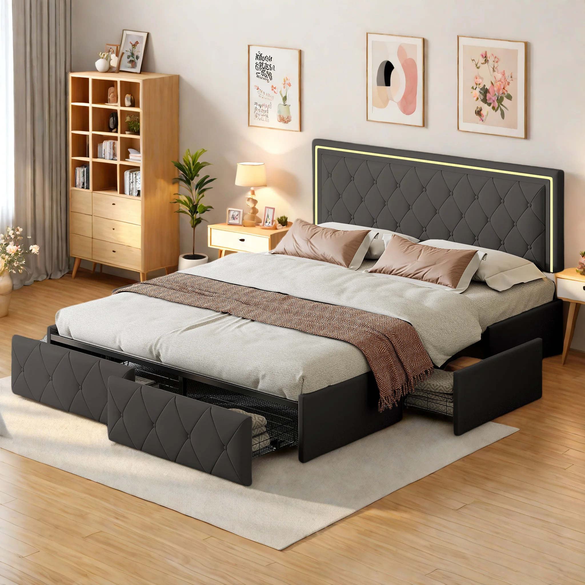 Anajqaqia 140×200cm Polsterbett mit 4 Schubladen, Kunstlederbett, verstellbares Kopfteil, LED-Doppelbett mit Stauraum, Grau Image