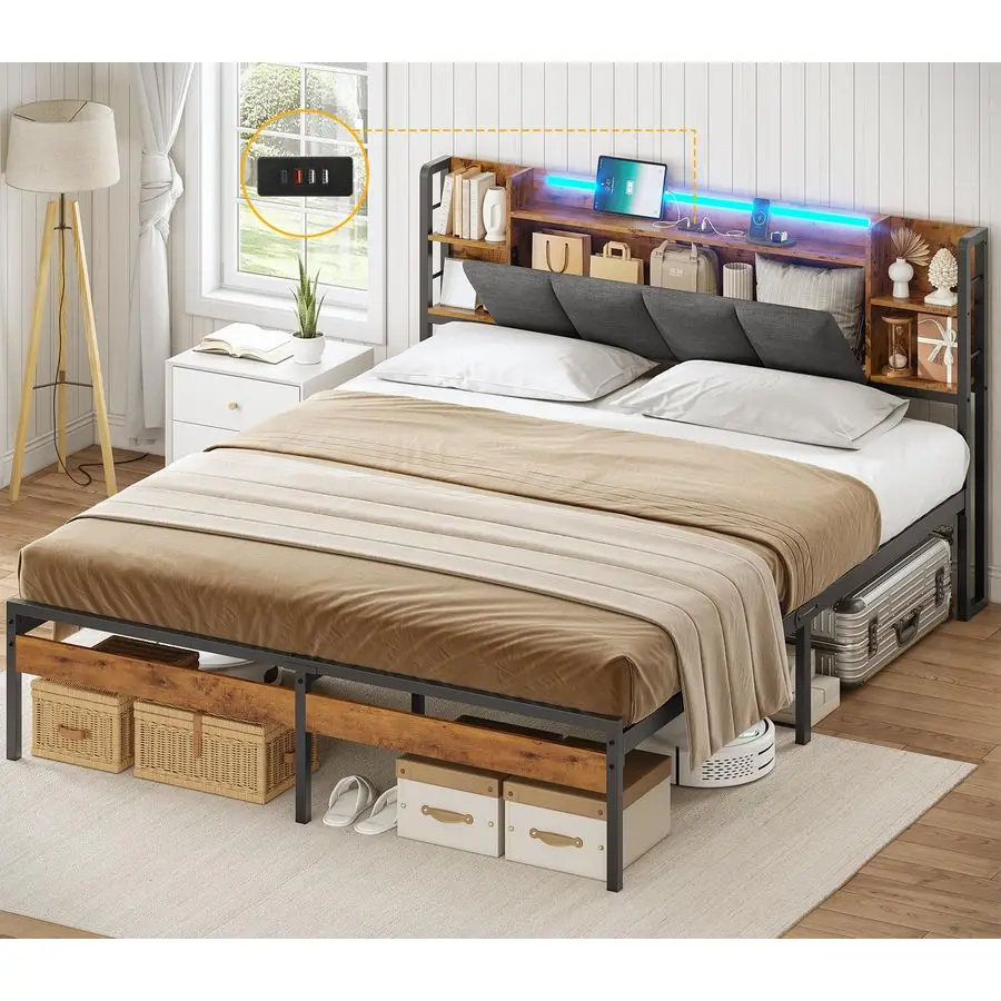 Bettgestell 160 x 200 cm mit LED-Beleuchtung und USB-Ladefunktion, Metallbettgestell mit Stauraum-Kopfteil, Bett mit gepolstertem Kopfteil Image