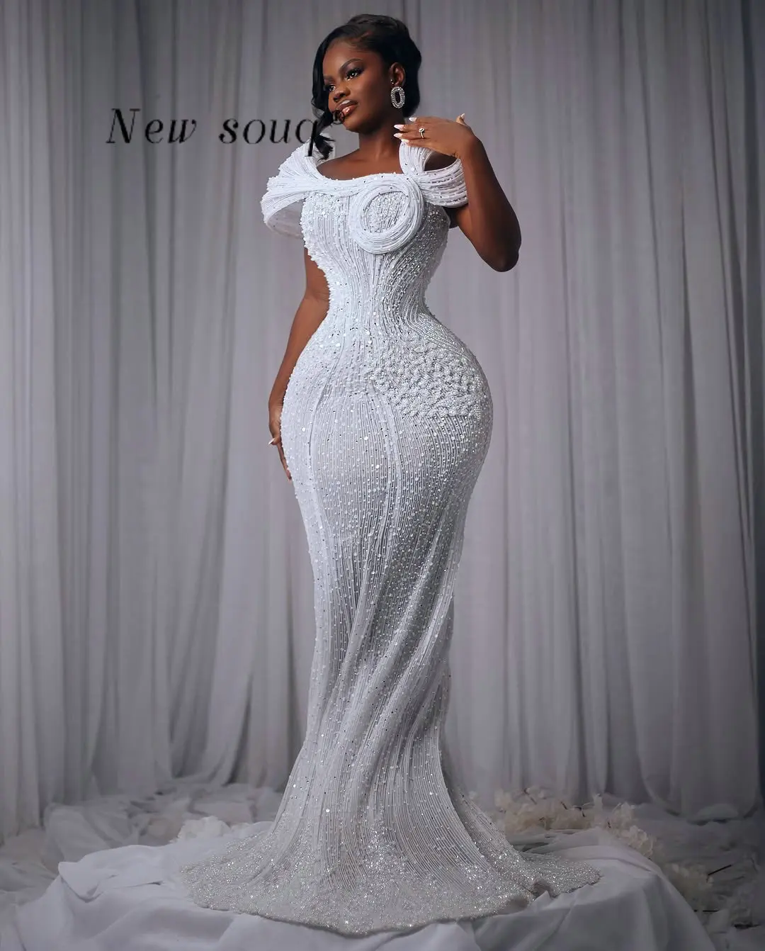 Afrikanische Nigeria Weiße Meerjungfrau Hochzeit Abendkleider Maßgeschneiderte 3D Plissee Verlobung Party Kleider für Schwarze Frauen Plus Größe