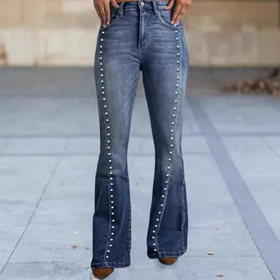 2026 Denim Schlaghose Damen Jeans Bootcut Streetwear Nieten Taschen Knopfleiste Hohe Taille Stretch Distressed Gewaschene Skinny Hose Image