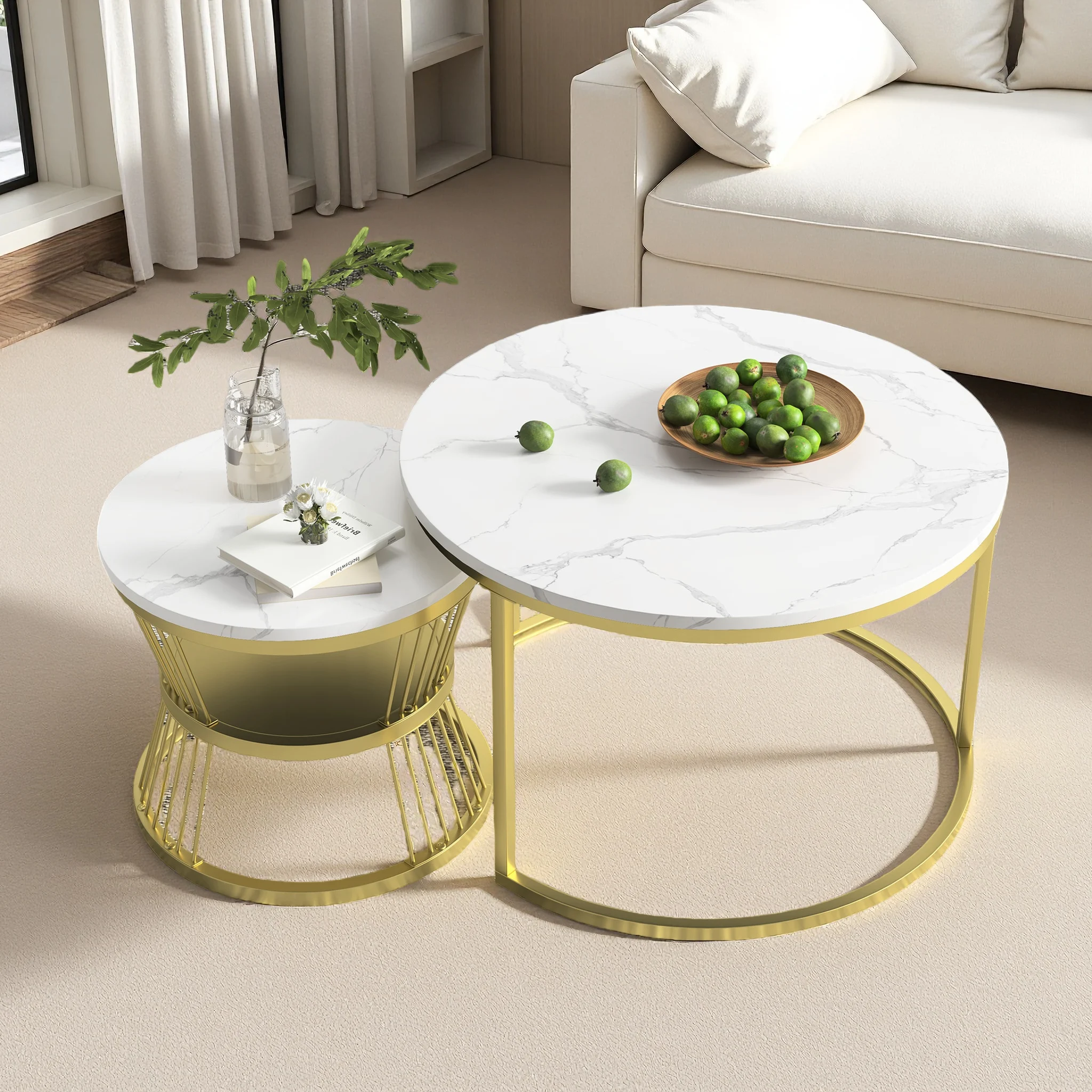 Superaly 2 Stück/Set Teetisch, runder Couchtisch, Sofa-Beistelltisch mit Metallrahmenbeinen, 70 x 70 x 45 cm + 45 x 45 x 40 cm, für Wohnzimmer