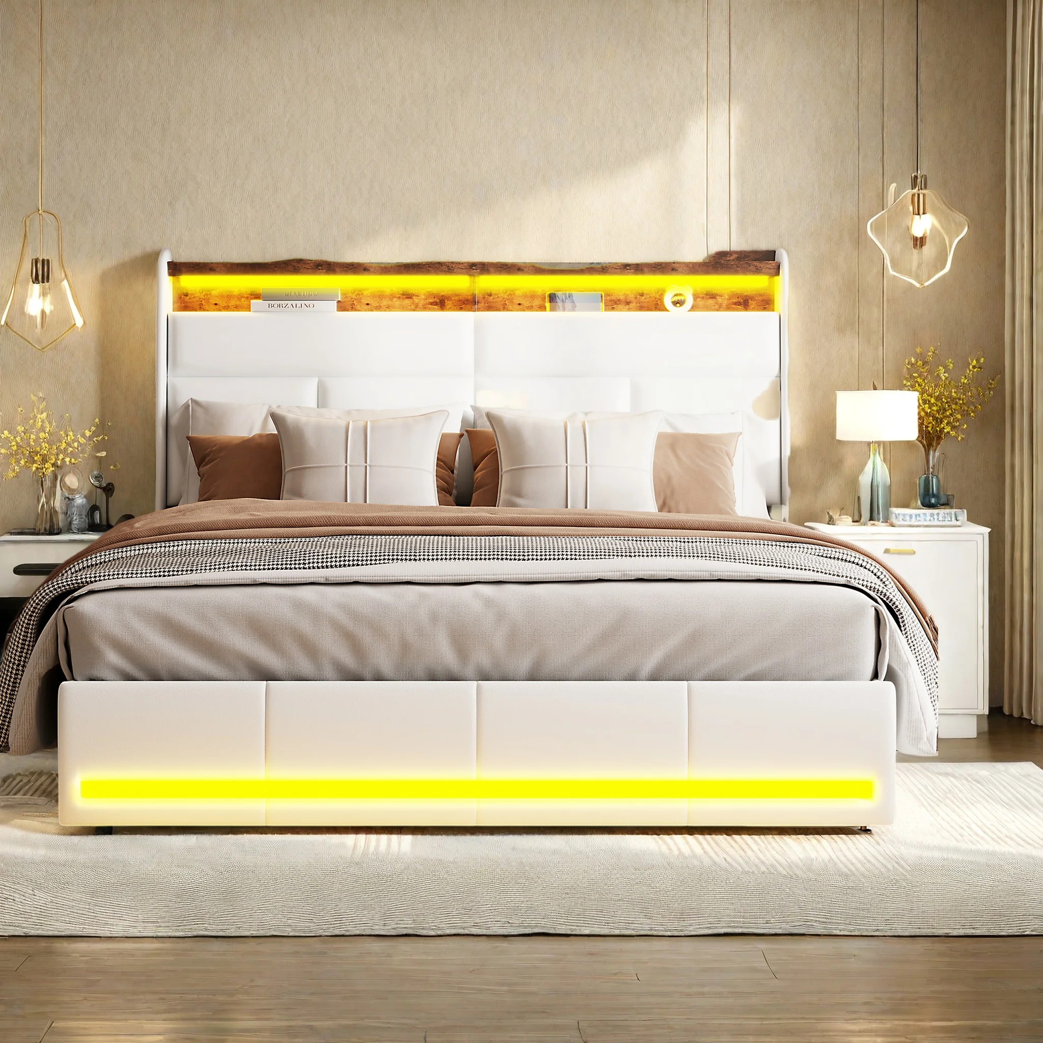 WoodenAura Polsterbett Doppelbett, Bett mit Bettkasten 140x200, Bett 140x200 mit LED, Doppelbett mit Lattenrost, ohne Matratze Image