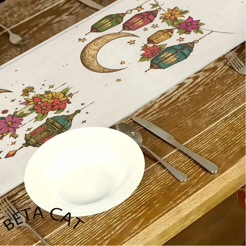 VIKAMA Ramadan-Tischläufer, farbenfrohes Halbmond-Laternen-Design für muslimische Festlichkeiten, Party, Esstischdekoration Image