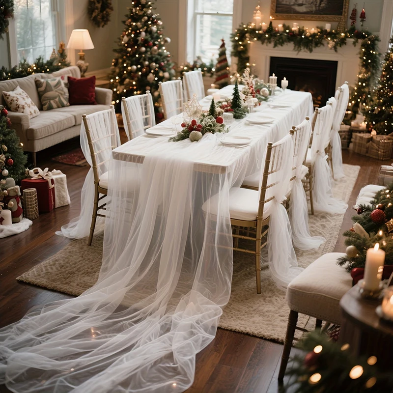 Eleganter Tischläufer aus Tüll, transparente Tischdecke, Hochzeitstischdekoration für Geburtstagsfeiern, Brautpartys, Babypartys, Hochzeitsbogen-Drapierungen Image