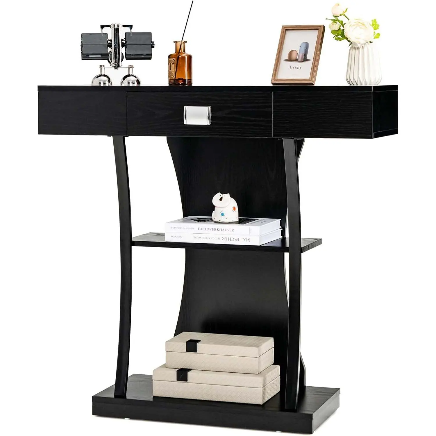 Konsolentisch aus Holz mit Schubladen, Metallrahmen und 2 Regalen, Flurtisch mit Neigungsschutz für den Eingangsbereich (schwarz)