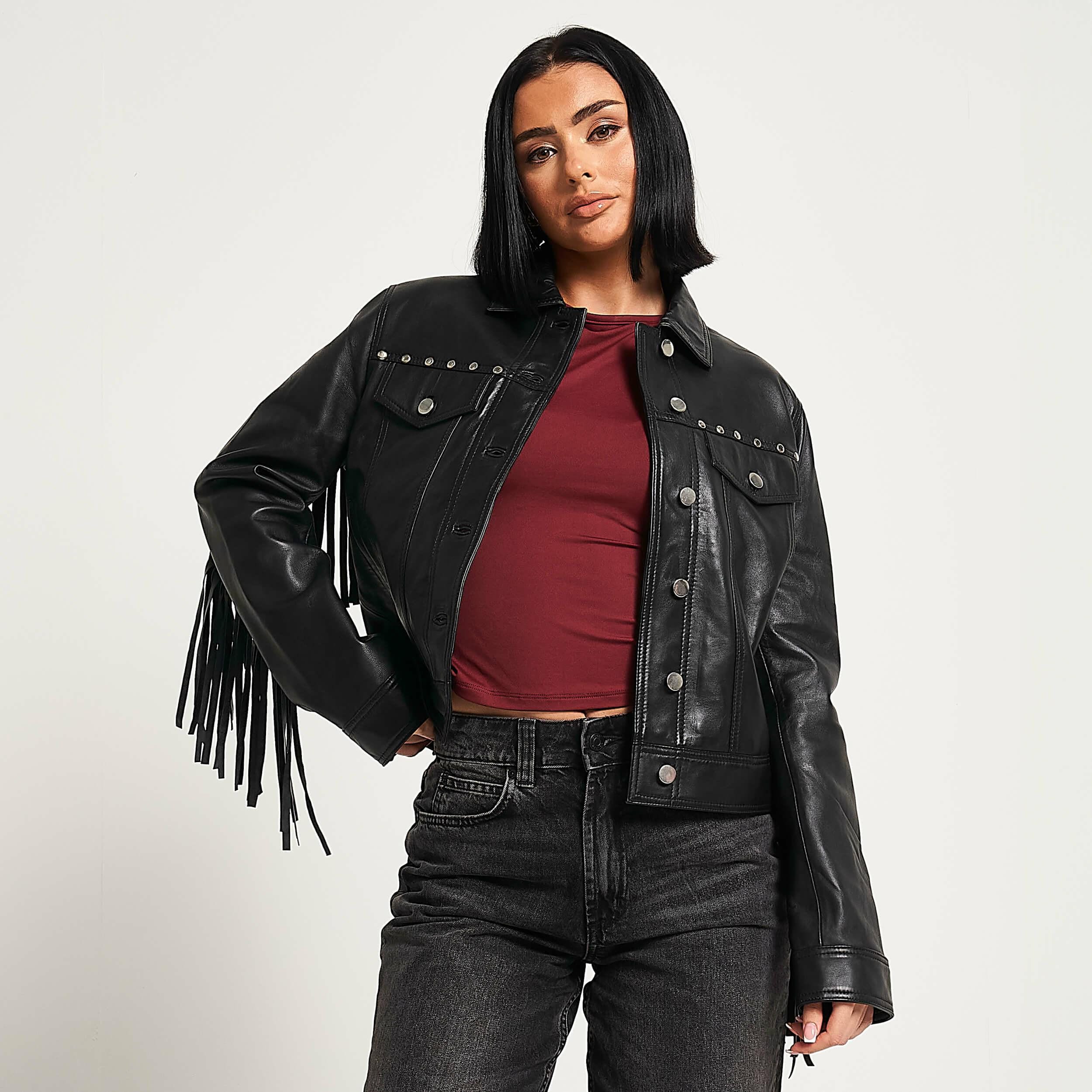 Giacca in pelle da donna, giacca in vera pelle con frange, giacca da motociclista in pelle nera fatta a mano, giacca in pelle con frange per donna, gi