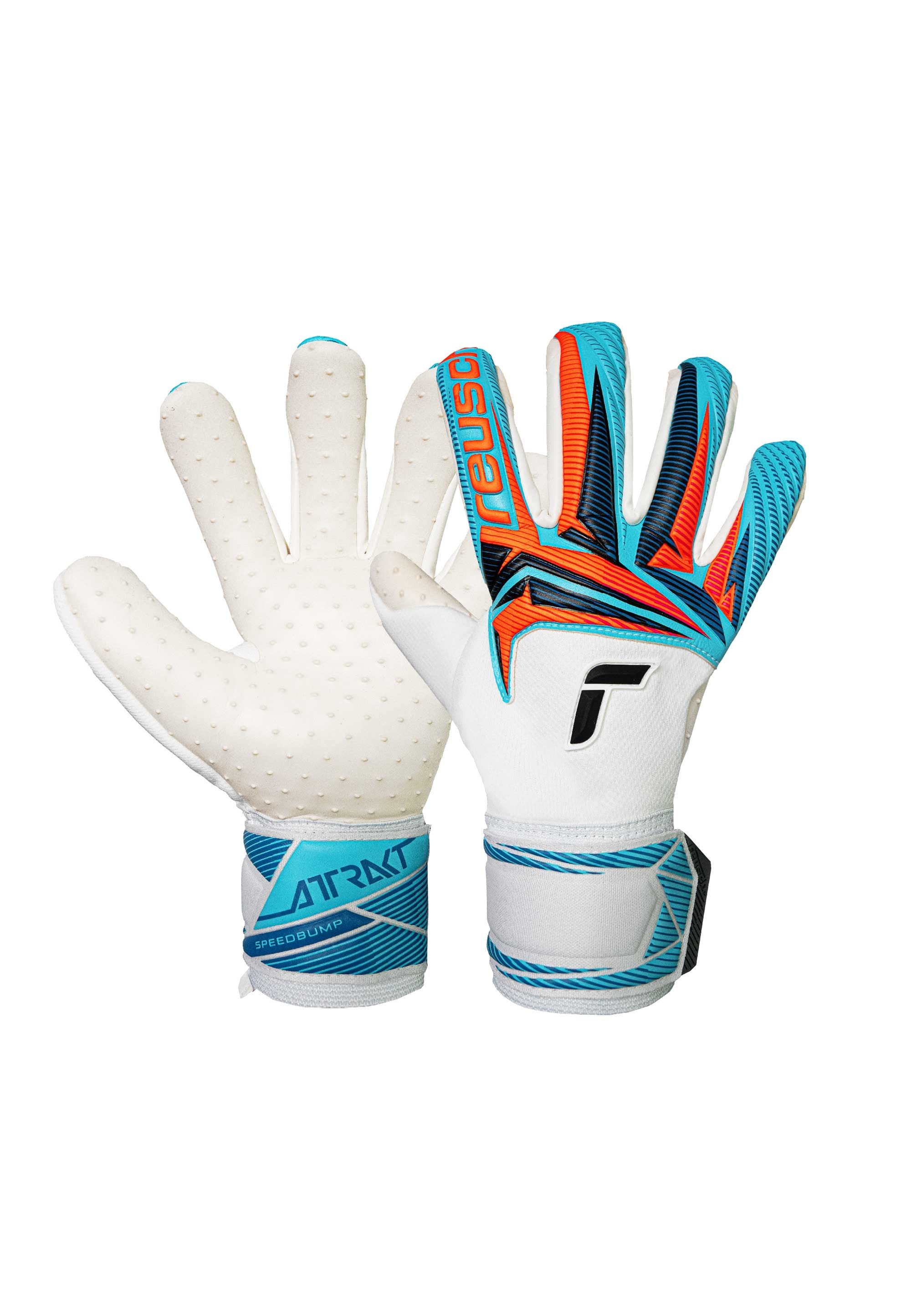 Torwarthandschuhe REUSCH "Attrakt SpeedBump", Damen, Gr. 9.5, weiß, hellblau, 58% Latex, 27% Polyester, 6% Polyurethan, 6% Polyamid, Handschuhe, mit 3D-Latex-Noppen auf der Innenhand Image