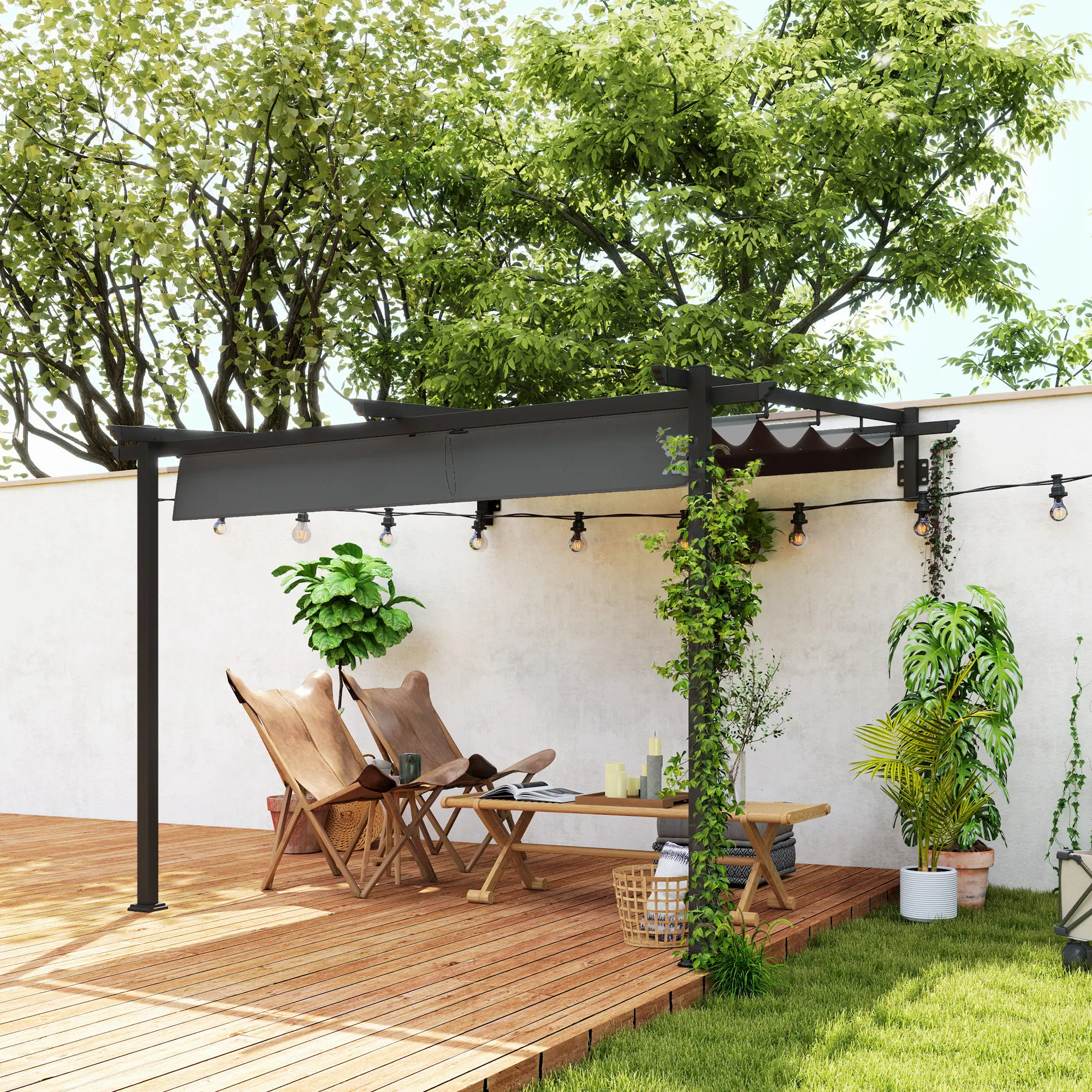 3x3m Aluminium-Pergola, Wandmontiert, Verstellbares Dach, Sonnenschutz, Dunkelgrau für Terrasse & Garten