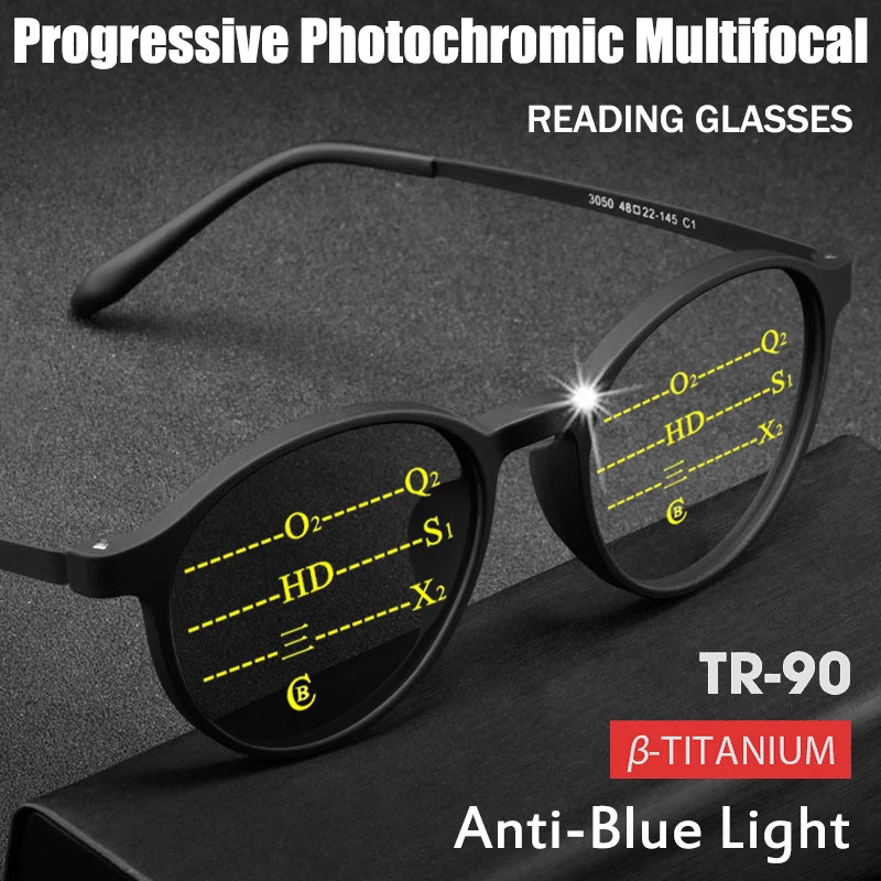 Progressive photochrome Lesebrille aus Titan, Unisex, Multifokus, Anti-Blaulicht-Business-Brille, runder TR90-Rahmen Image