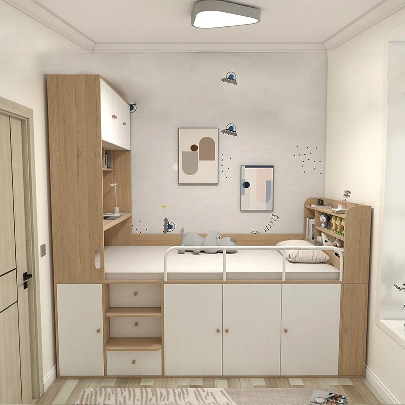 Kleines Kinderbett für kleine Wohnungen, halbhohes Bett mit integriertem Kleiderschrank, Schutzgitter, multifunktionalem Stauraum und Schreibtisch
