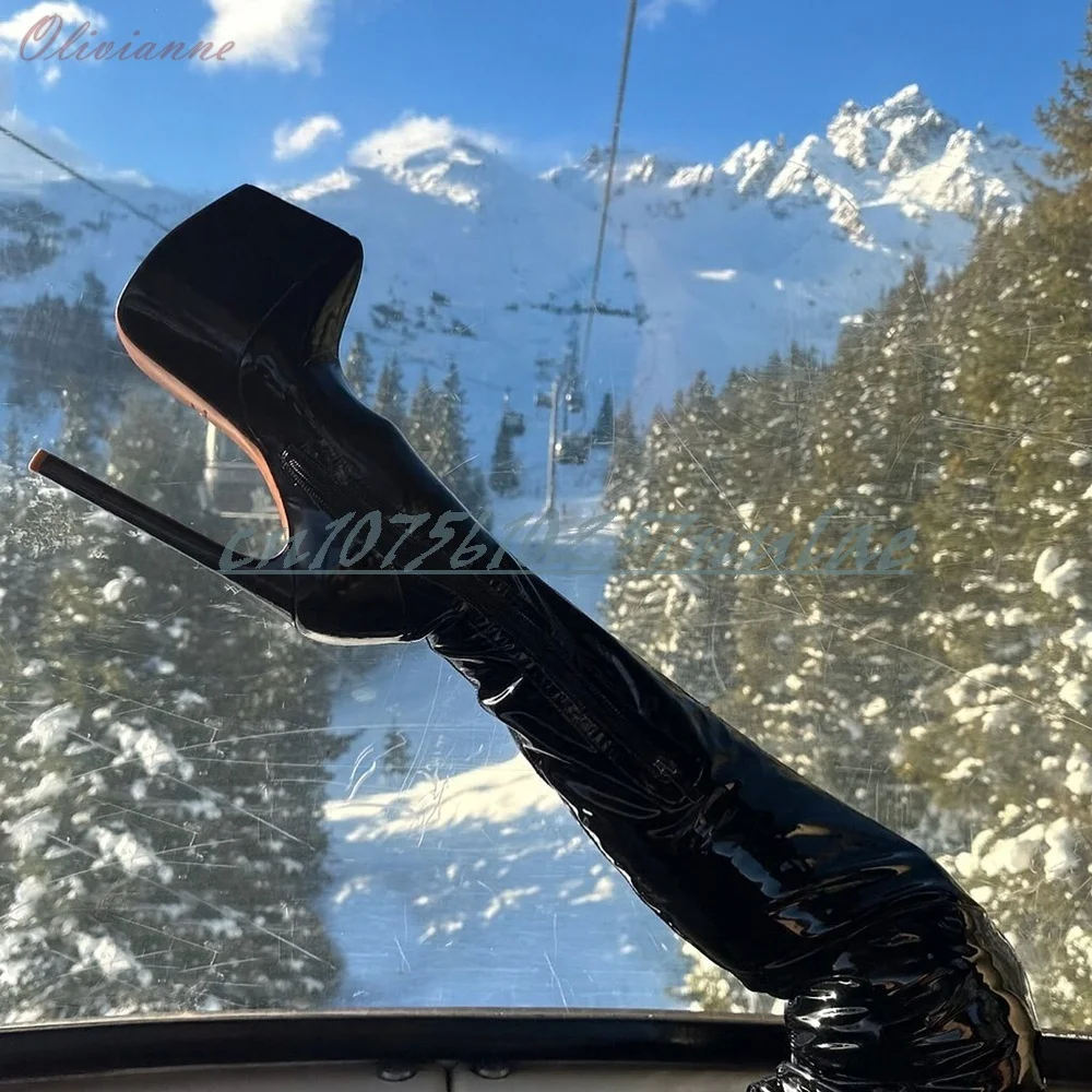 2026 Schwarze Lackleder-Plateau-Overknee-Stiefel Party Hot Girls Stiletto High Heel Mode Sexy Damenschuhe Para Mujere