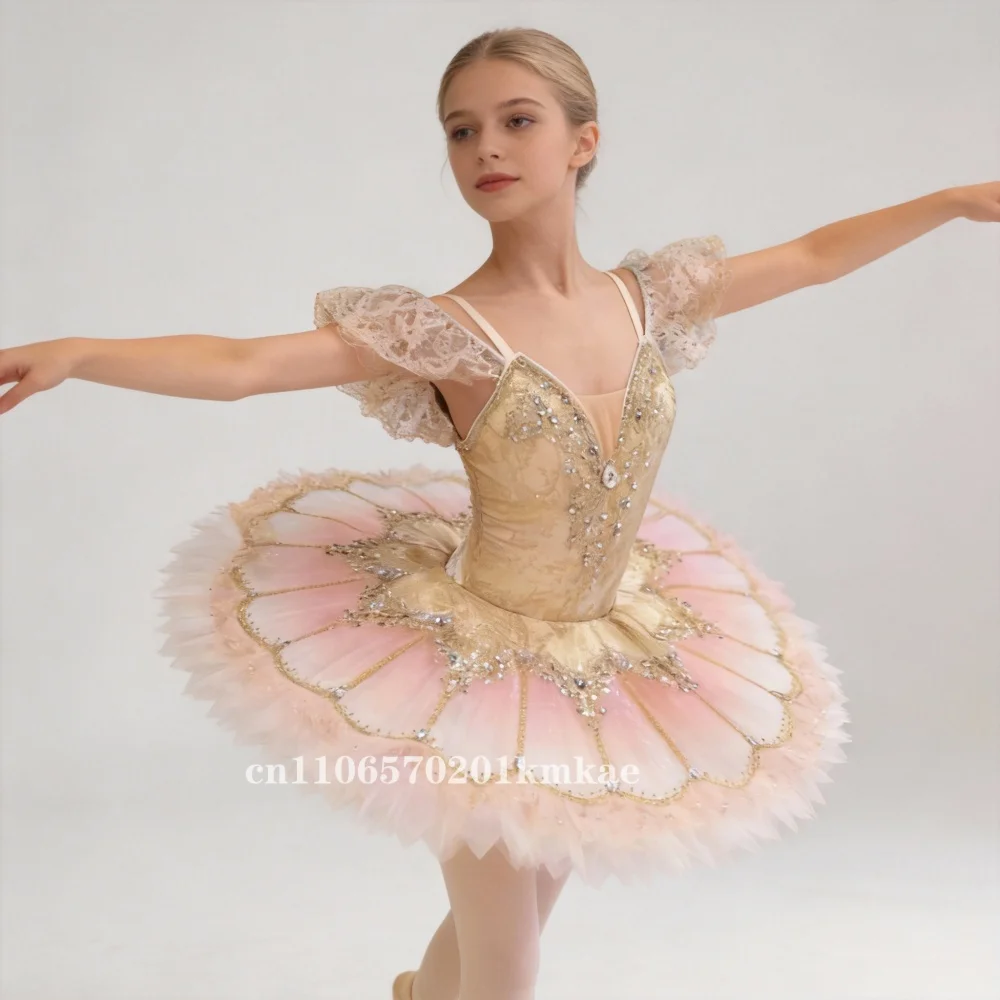 Neues Ballettkleid mit rosa Farbverlauf und goldenem Palastmuster, Wettbewerbs- und Auftrittsrock, professionell maßgeschneidert für Erwachsene und Kinder Image