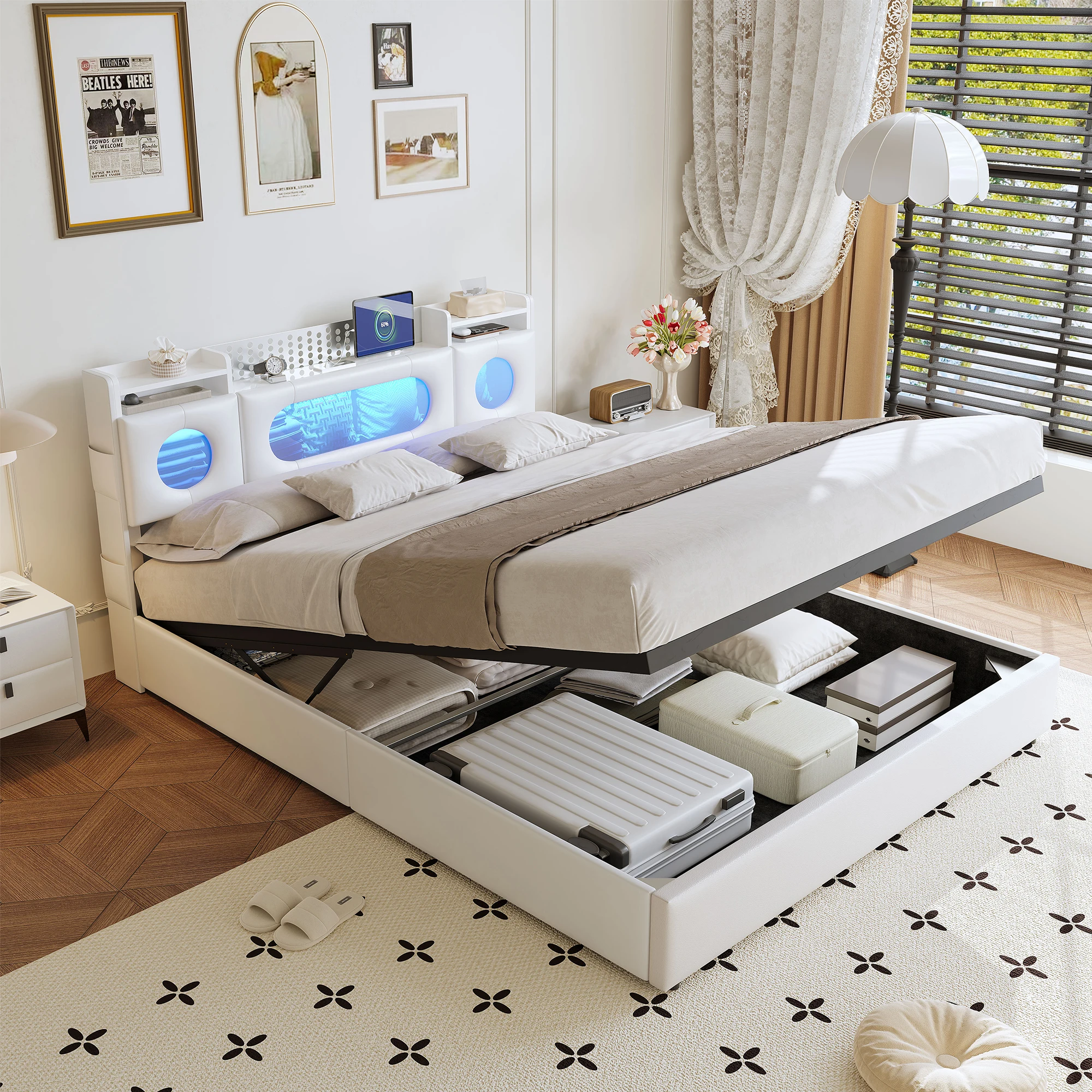 Doppelbett mit Stauraum, Bett mit LED- und USB-Anschlüssen, Bett mit offenen Regalen und verstecktem Stauraum. Image