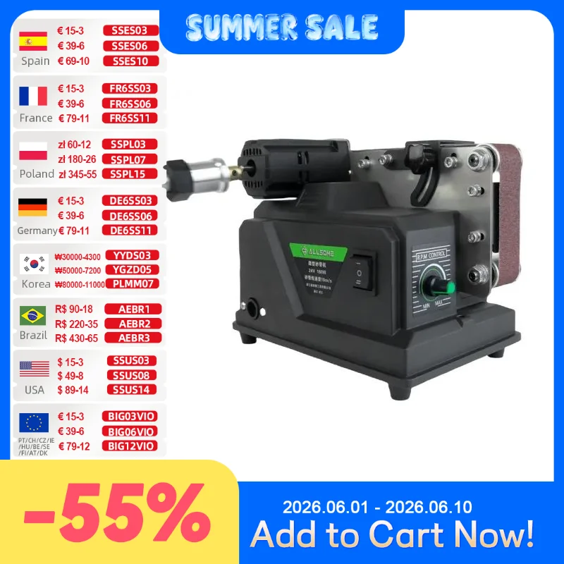 Allsome Mini-Bandschleifer, 180 W elektrischer Schleifer mit 10 Stück 533 x 30 mm Schleifbändern, geeignet für Makita 18 V-Akku Image