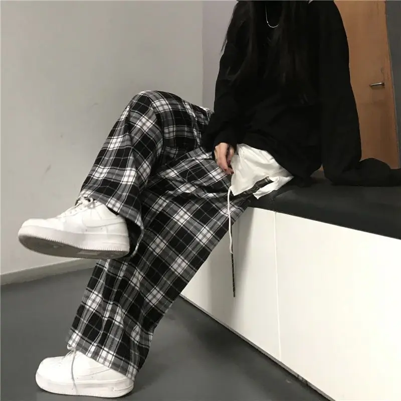 Schwarz und Weiß Plaid Hosen Oversize Sommer Frauen Casual Lose Breite Bein Hosen Ins Retro Teen Gerade Hosen Hiphop Streetwear
