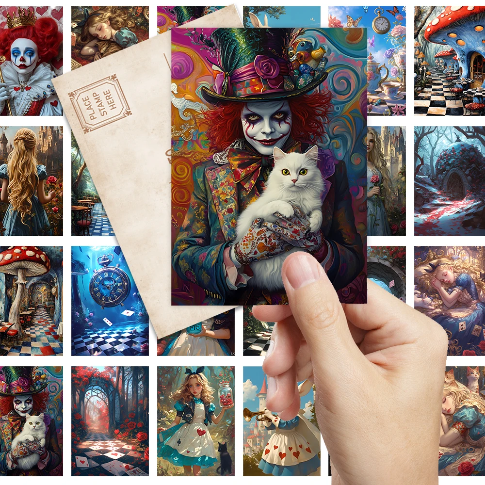 32 Stück, blaue Alice im Wunderland-Postkarten, Joker, Geburtstags-/Jubiläumsgeschenke, Sammlerstücke, geeignet zum Verschenken, erhältlich. Image