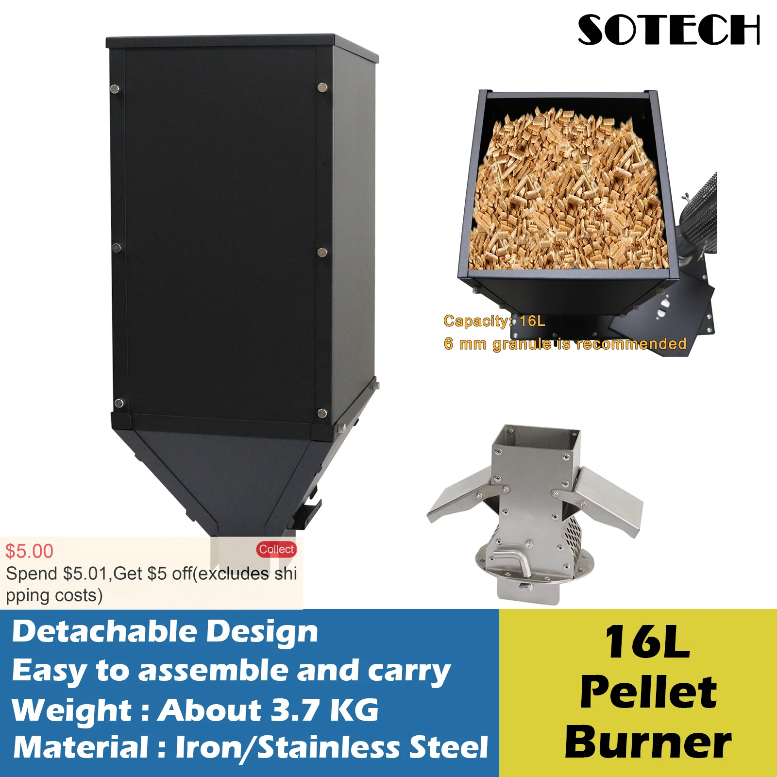16L Hochleistungs-Pelletbrenner 6-8 mm Partikelbrennstoff Eisen / Edelstahl-Partikelofen Brennholzofen Outdoor Camping Image