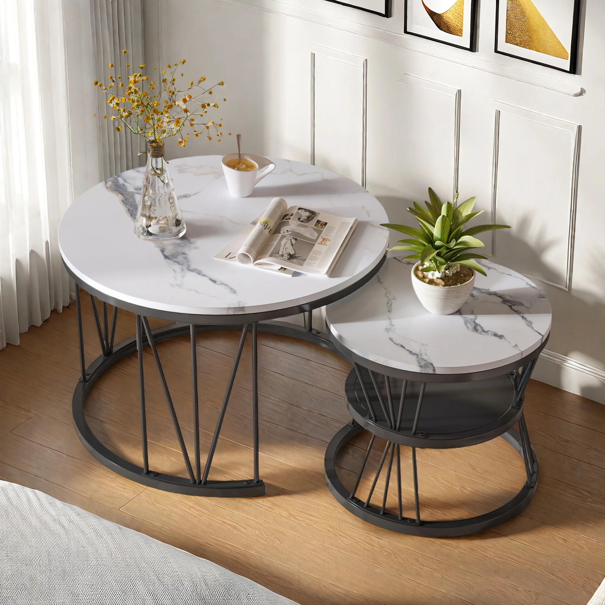 Anajqaqia Set aus 2 Couchtischen, Beistelltischen, moderner runder Wohnzimmer-Beistelltisch, rund, mit Stauraum und Metallrahmen Image