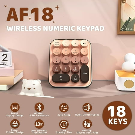 ASIASN-Ajazz AF18 Wireless Numeric Keypad 2.4G USB Wireless Connection Ergonomic 18-Key Compact Silicone Bear Design Gradient Keycaps Detachable & Portable Number Pad for PC Laptop Milk Tea