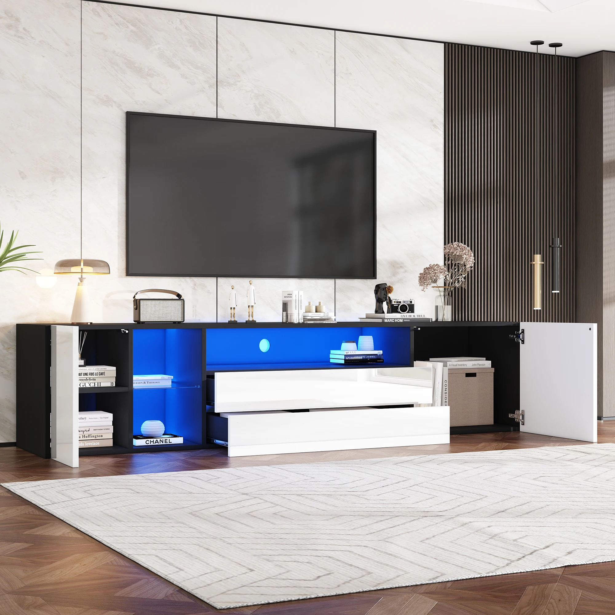 Meuble TV 180 x 40 x 45 cm, meuble TV bas LED brillant, meuble TV avec 2 tiroirs et 2 armoires, adapté pour 7 téléviseurs