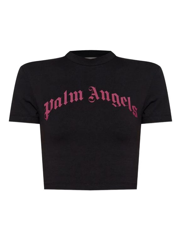 Cropped T-Shirt With Gothic Fuchsia Print - Black - Palm Angels Tops
