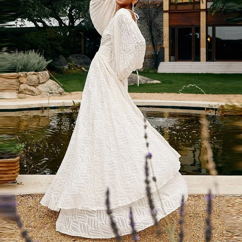 Elegante abito lungo altalena jacquard con scollo a V Abito da donna casual con maniche a lanterna Abito da festa ampio Abito da sera pieghettato a vita alta