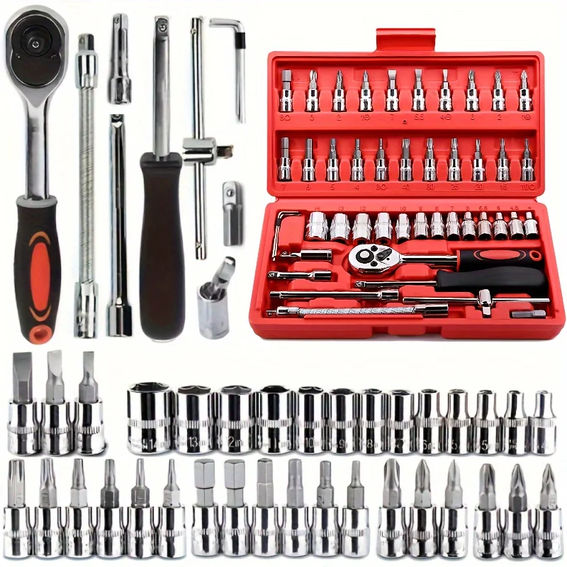 Set di attrezzi manuali per riparazioni automobilistiche da 46 pezzi Cassetta degli attrezzi da meccanico, chiave a bussola da 1/4" Cacciavite a cricchetto Cacciavite a cricchetto