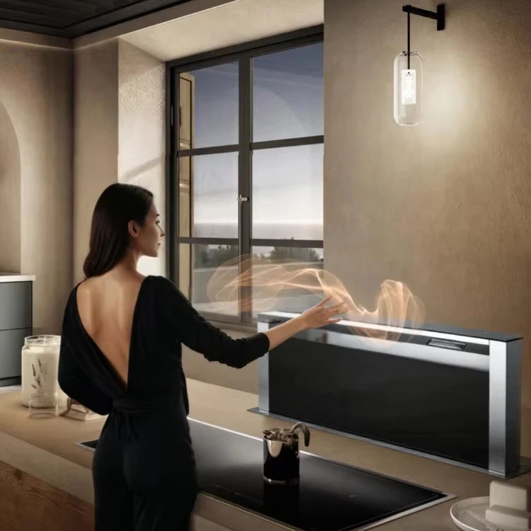 Elektrischer, belüfteter, verdeckter Arbeitsplattenlift aus Edelstahl, offene Wand-Dunstabzugshaube, Klasse, energieeffiziente Küche Image