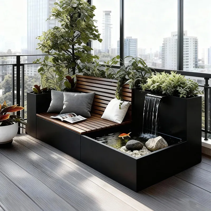 Aluminium-Balkon-Blumenkasten mit Wasserfall, Sitz- und Hocker-Kombination für den Außenbereich, Garten- und Wandlandschaft mit fließendem Wasser Image
