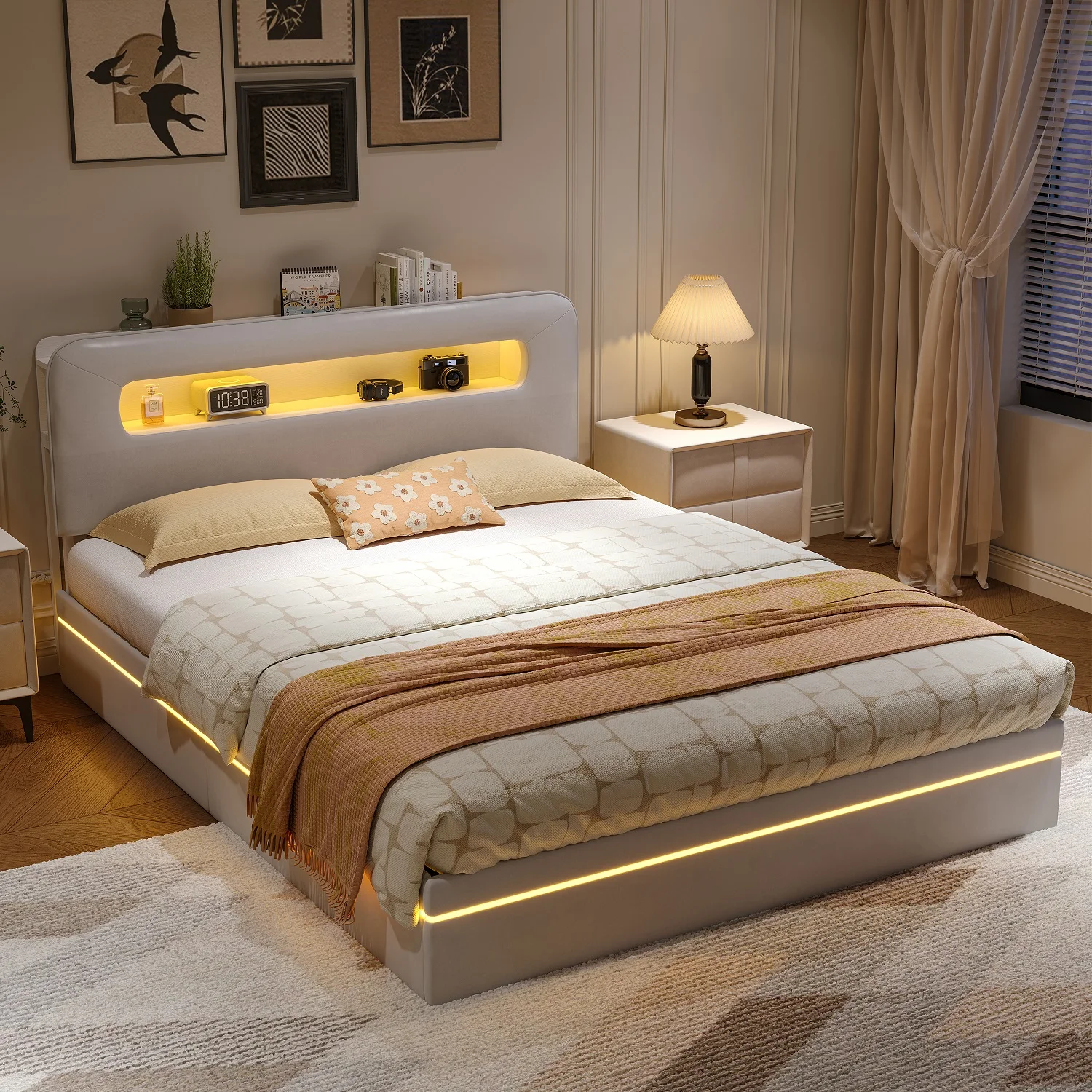Polsterbett, Doppelbett mit Stauraum, ergonomisches Kopfteil, LED, Kopfteil mit Stauraum, Beige, Samt Image