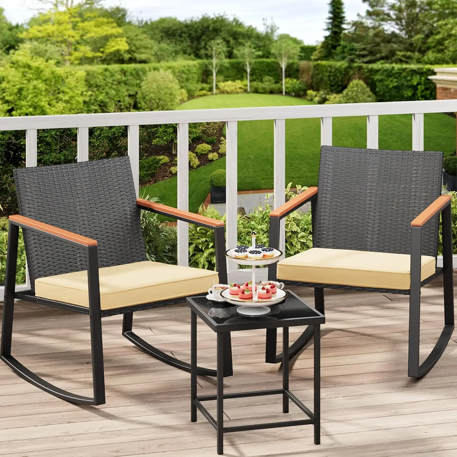 3-teiliges Rattan-Gartenmöbel-Set, 2-Personen-Balkon-Freizeit-Gartenmöbel-Set, eleganter Handlauf, für den Außenbereich, individuell gestaltet Image