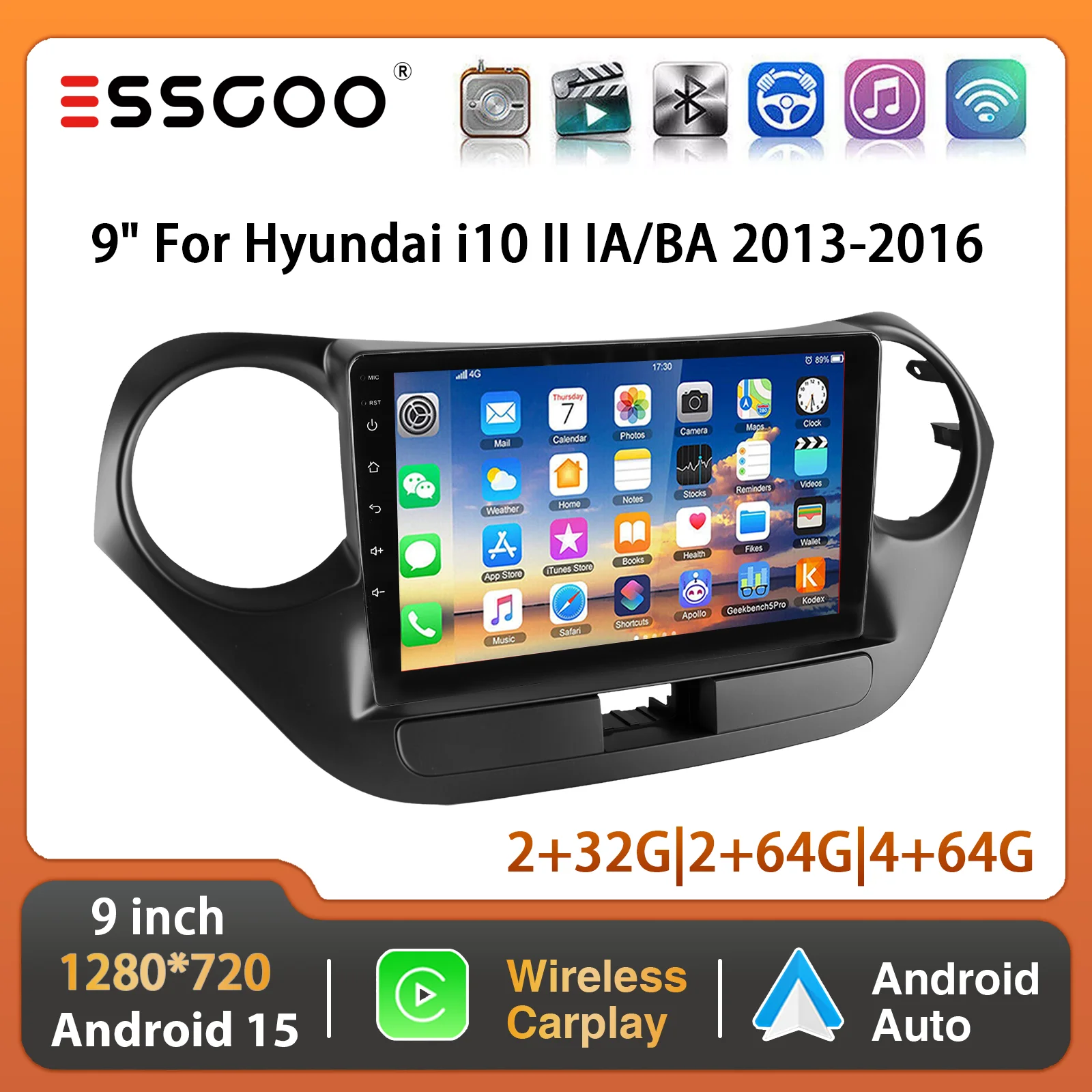 ESSGOO 9-Zoll Android 15 Autoradio für Hyundai i10 II BA IA 2013-2019 mit Wireless Carplay, GPS, WLAN, SWC, USB, FM, Bluetooth, RDS Image