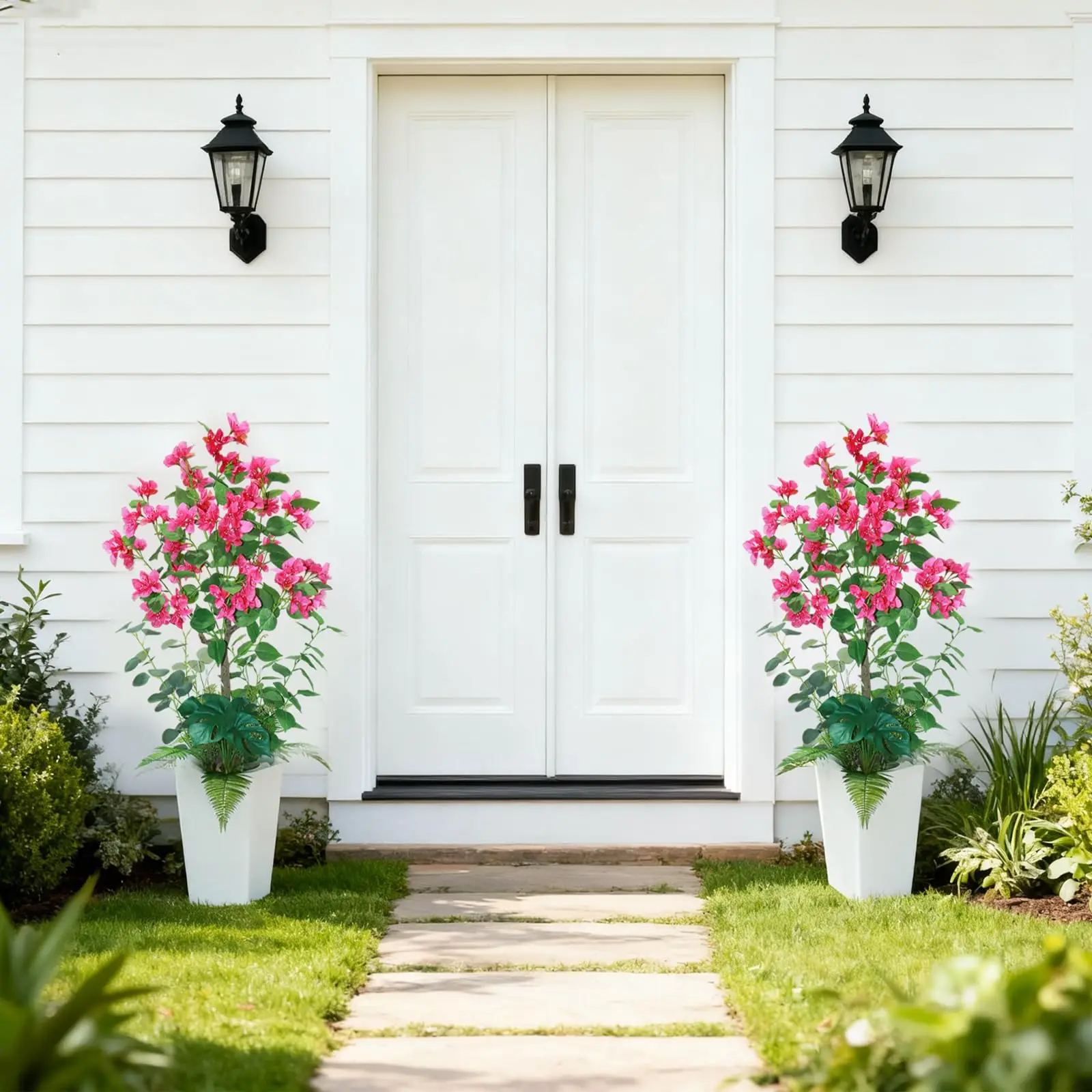 Set aus 2 Künstlichen Bougainvillea-Pflanzen 120cm mit Natürlichem Holzstamm UV-Beständig Kunstpflanze mit Pflanzgefäß für Wohnzimmer Büro Flur Image