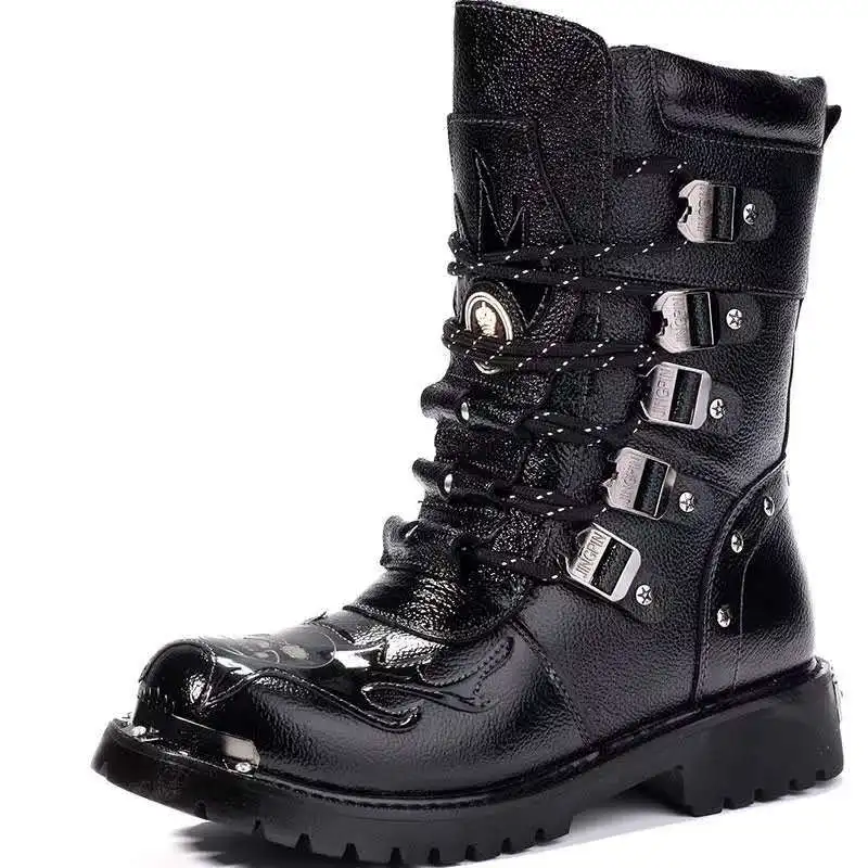 Modische Wadenlange Punk-Rock PU-Leder Schwarze High-Top Herren Freizeitstiefel Stahlkappe Schuhe Herren Motorradstiefel Große Größen 38-46