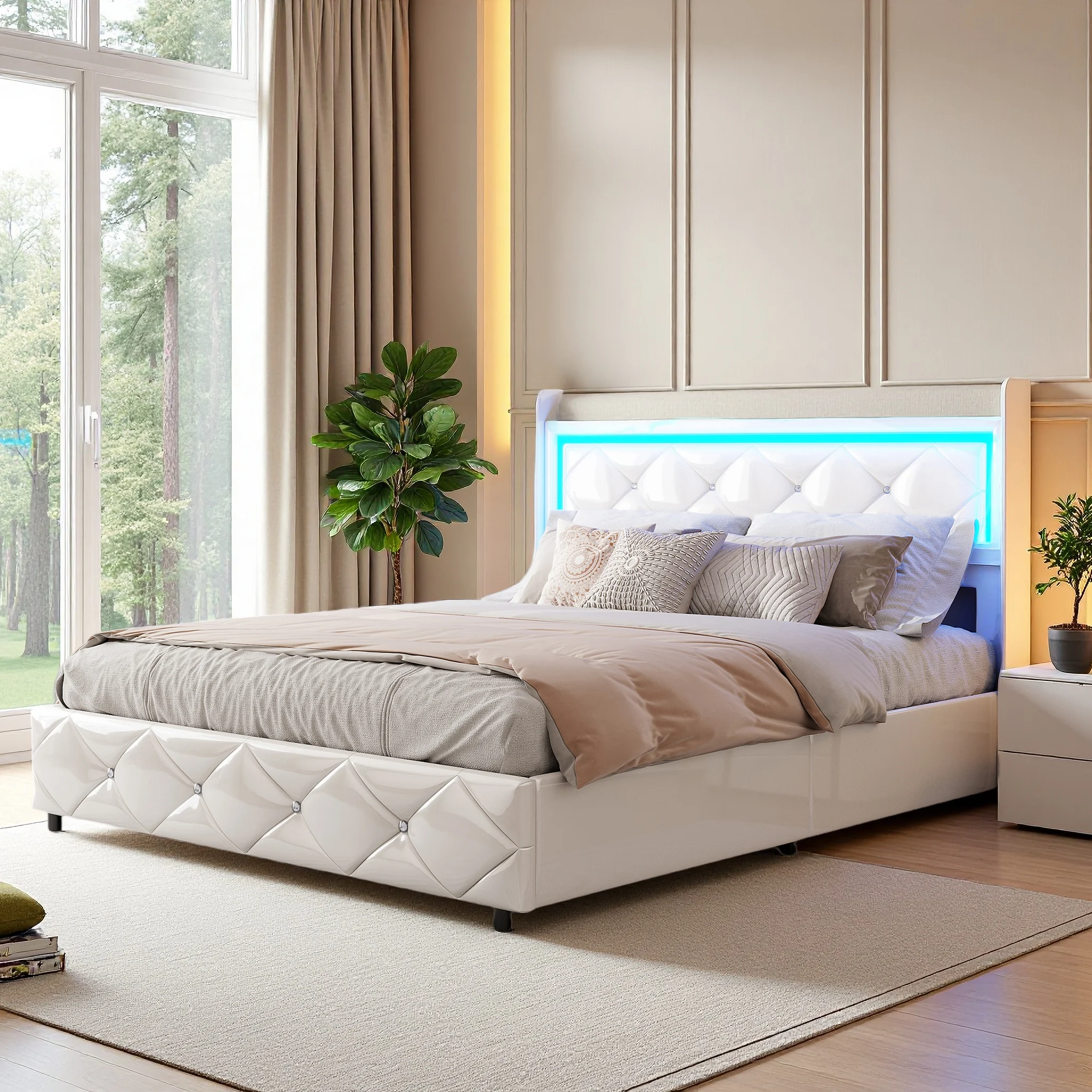 Comanlai Polsterbettgestell mit LED-Beleuchtung und USB-Ladestation, Doppelbett mit Kopfteil, Lattenrost, PU-Leder Image