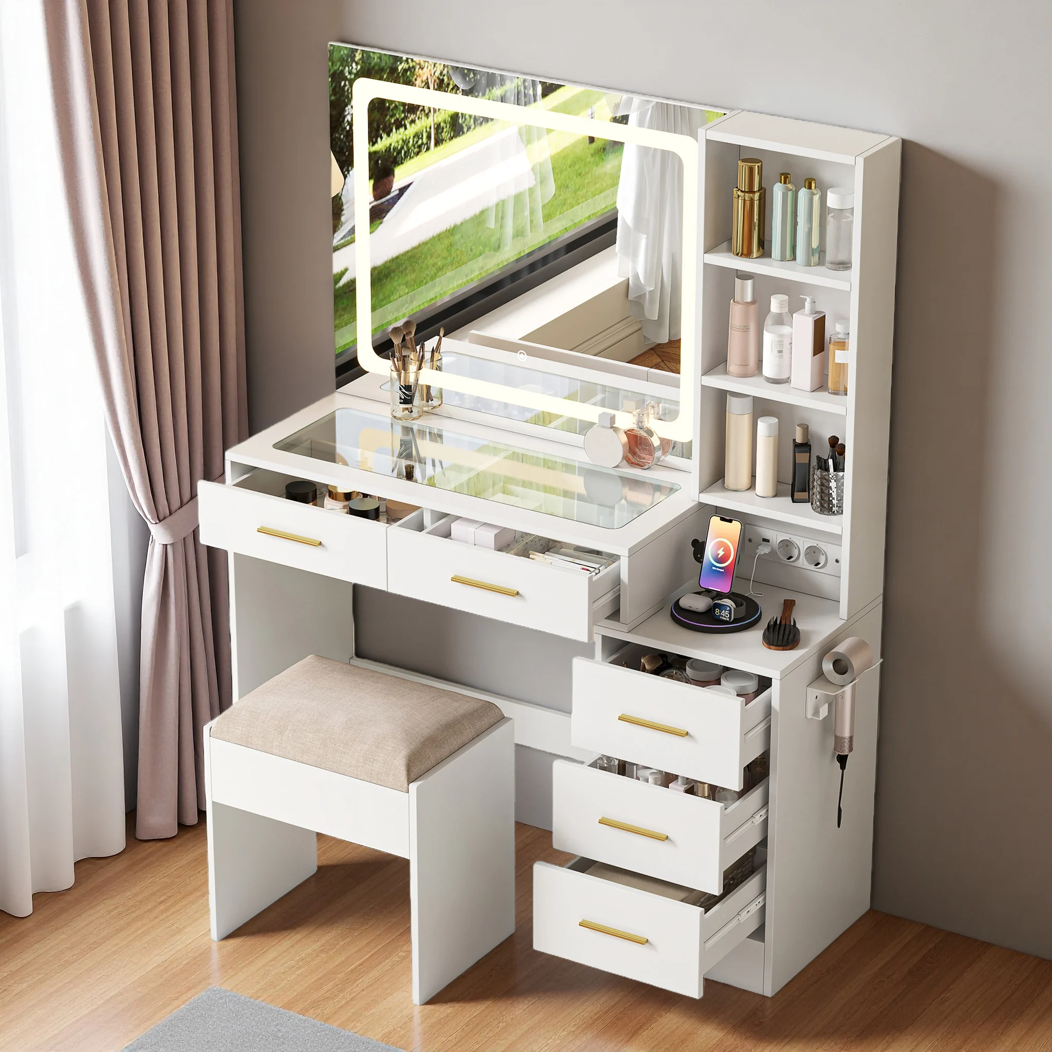 Rosahqnda Schminktisch Weiß mit Glasplatte & LED, mit Ladefunktion und Spiegel, Modern für Schlafzimmer, Gepolsterter Hocker, Weiß Image