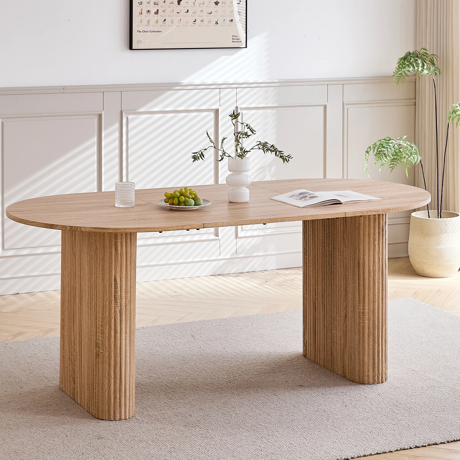 EGOONM Moderner Esstisch Ovaler Gerillter Säulenfuß Küchentisch 6-8 Sitzer Holz-Esstisch für Esszimmer