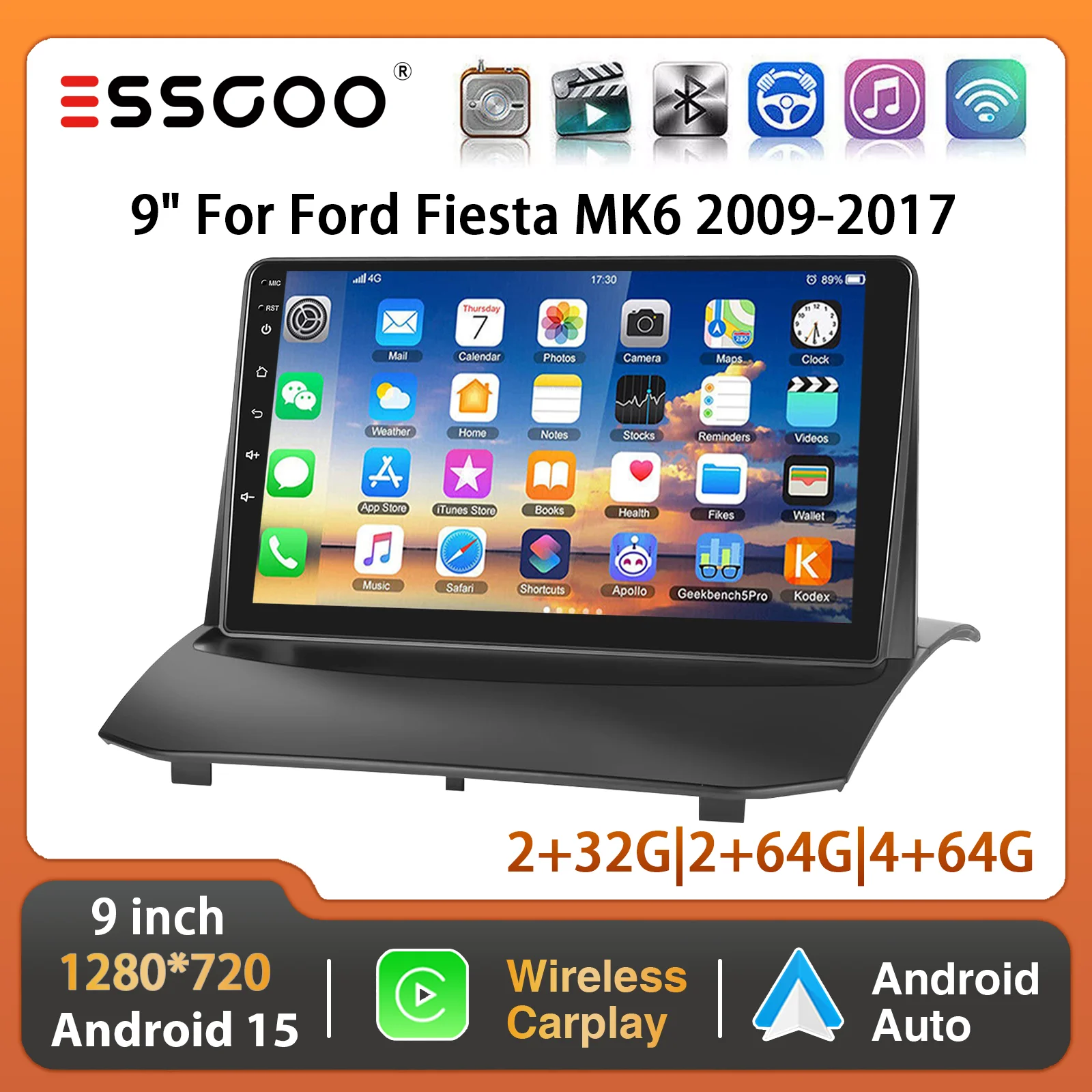 Essgoo 9'' 2+32G/4+64G Wireless Carplay Android Auto für Ford Fiesta MK6 09-17 Android 15 Autoradio GPS Navi FM RDS Wifi Image