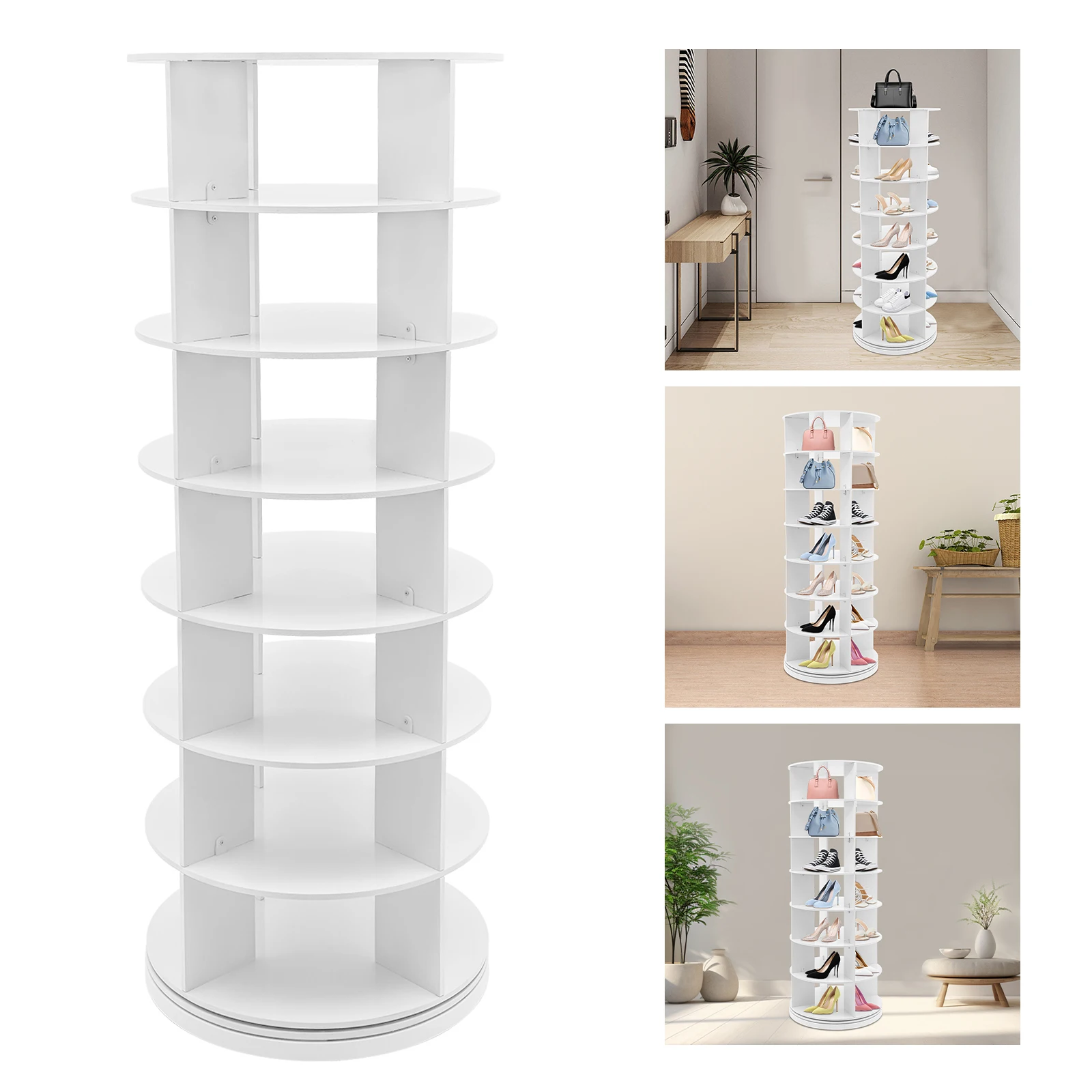 7-stöckiges Drehbares Schuhregal - Weißes Rotierendes Schuhregal, Mittelteil Hohl 360° ° Drehbarer Organizer für 28 Paar, 100 kg Tragkraft, 60x152cm Image