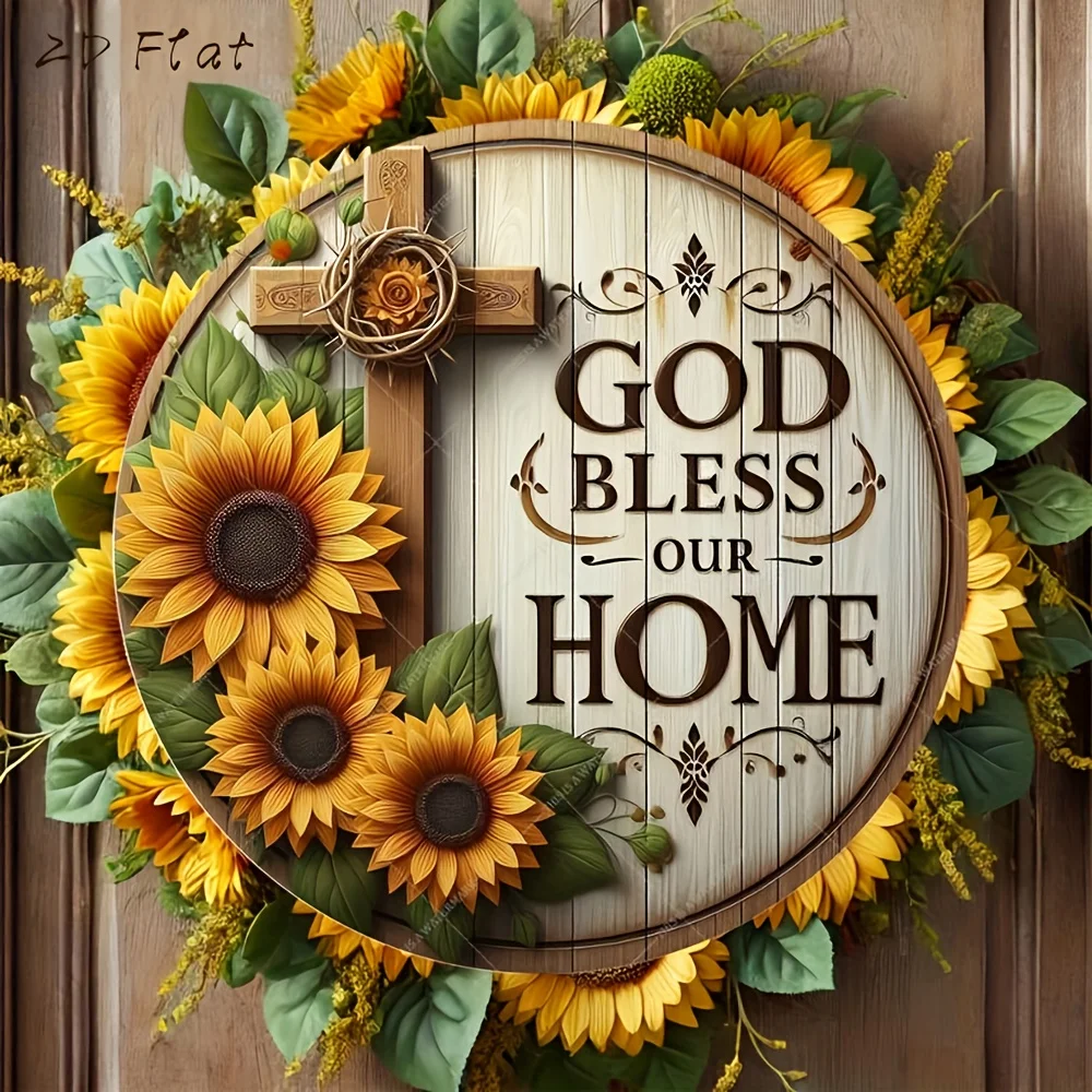 2D Flach - 2D Planisch Geschnittenes Holzschild mit der Aufschrift „God Bless Our Home“ mit Sonnenblumen und Kreuz | Handgefertigtes Design in Holzoptik, ideal für Fr Image